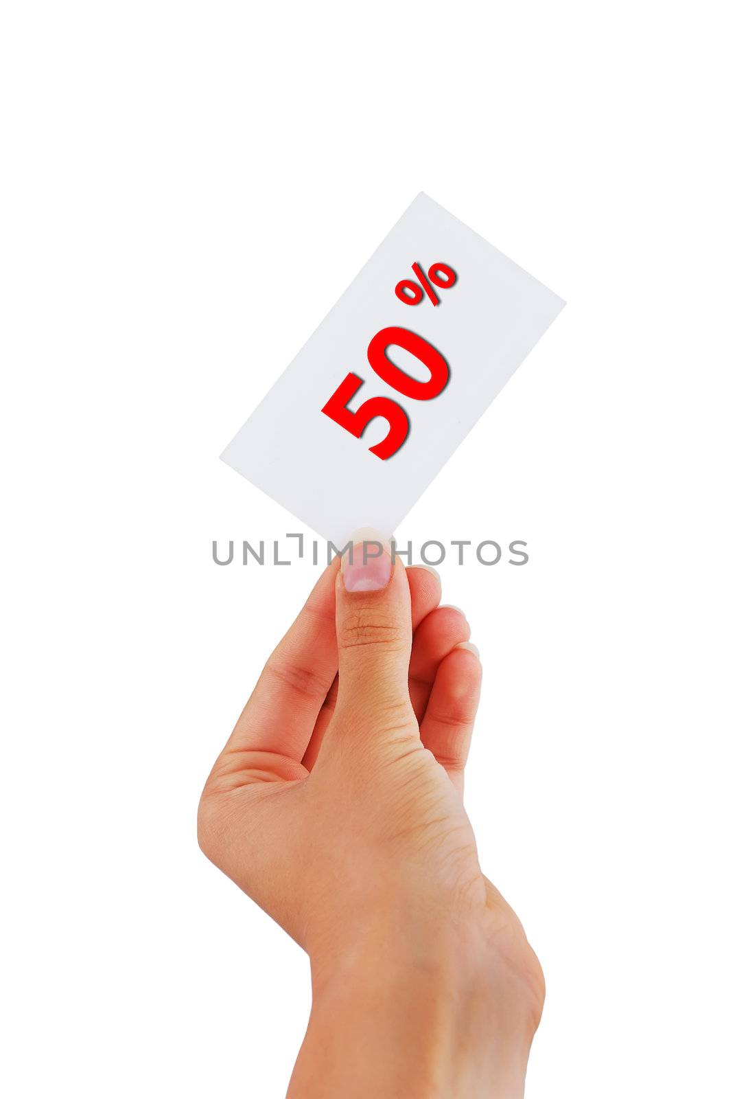 label discount in hand on a white background