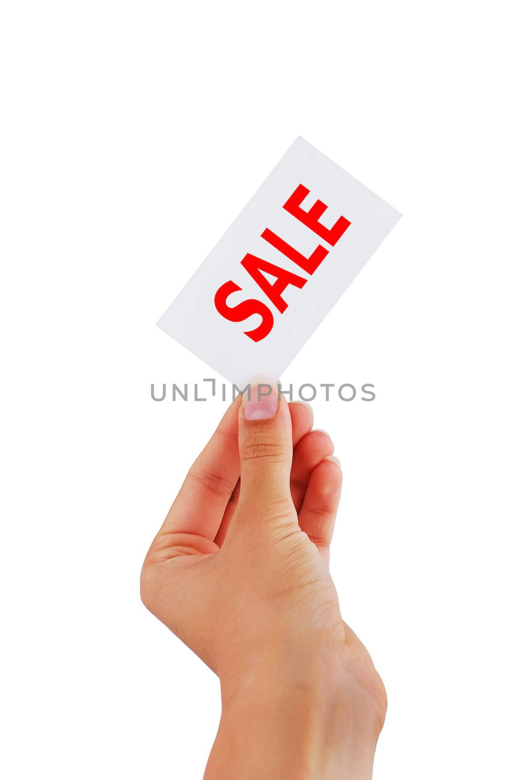 labe lsale in hand on a white background