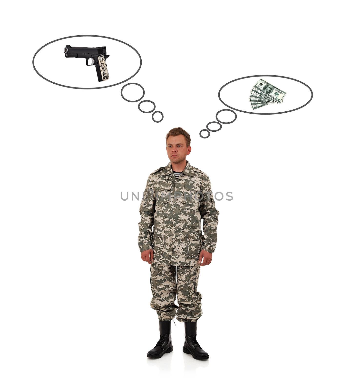 man in camouflage  thinks of gun and money