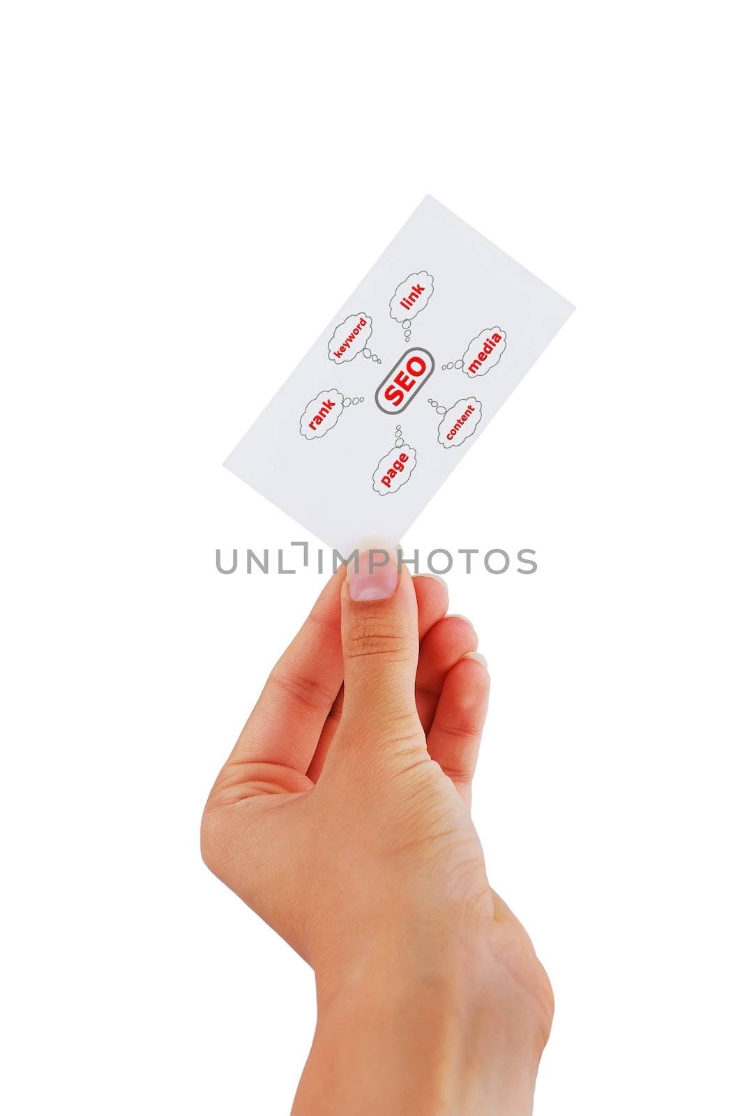 scheme SEO in hand woman  on a white background