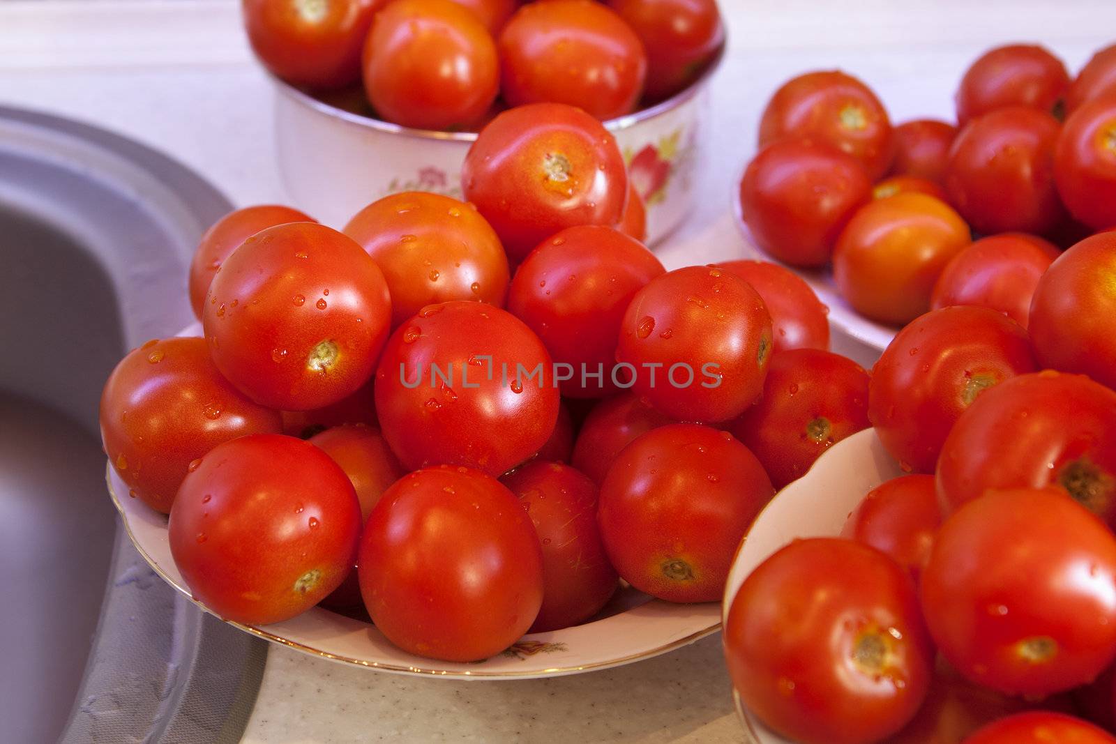 Fresh wet tomatoes on a plate prepared for pasteurization