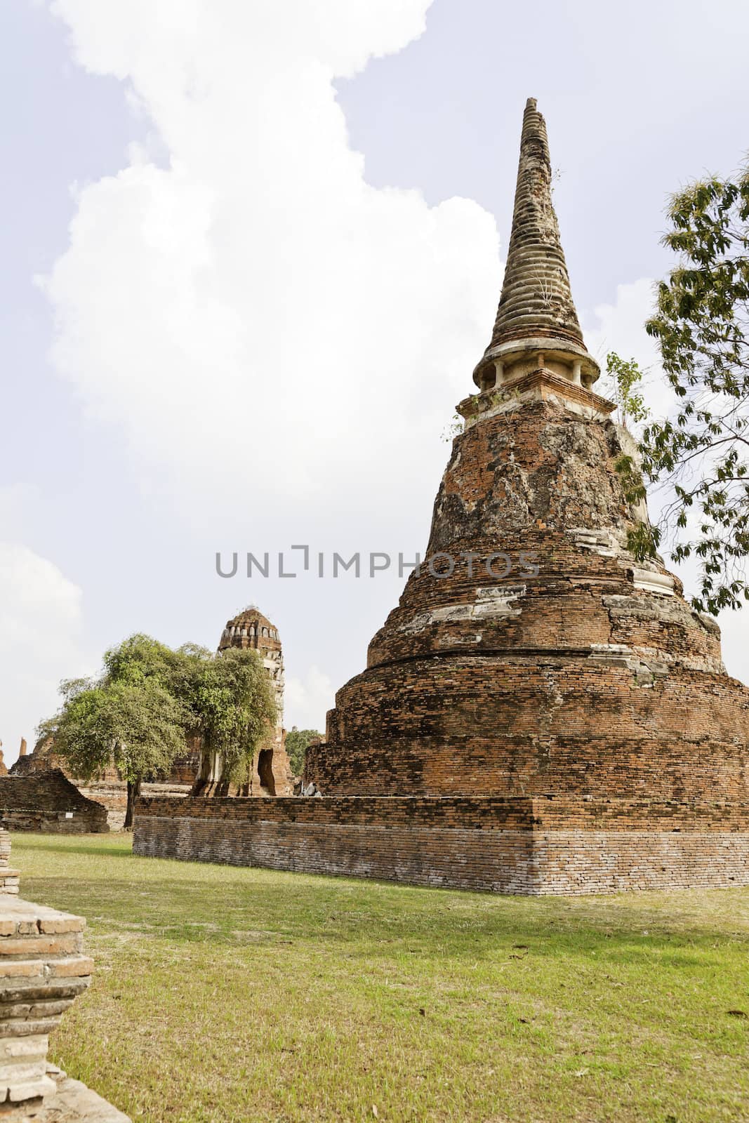 the historical brick pagoda in wat mahathat, ayutthaya, thailand