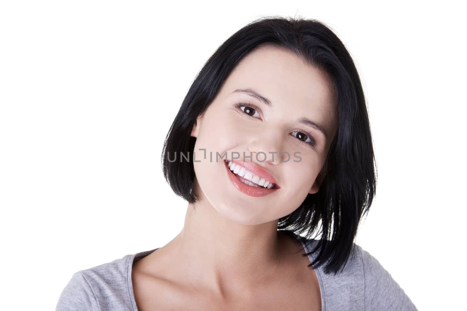 Portrait of happy beautiful woman in casual clothes, isolated on white background