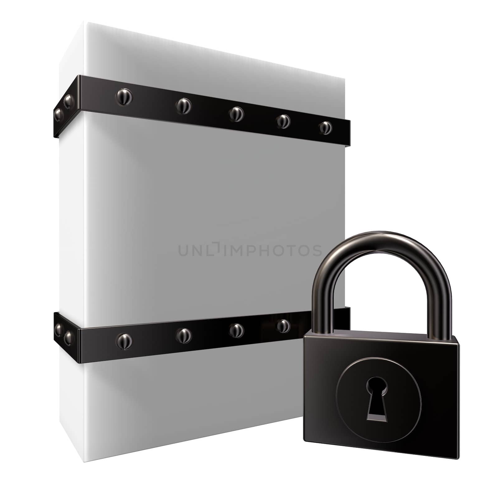 blank box with riveted iron bands and padlock - 3d illustration