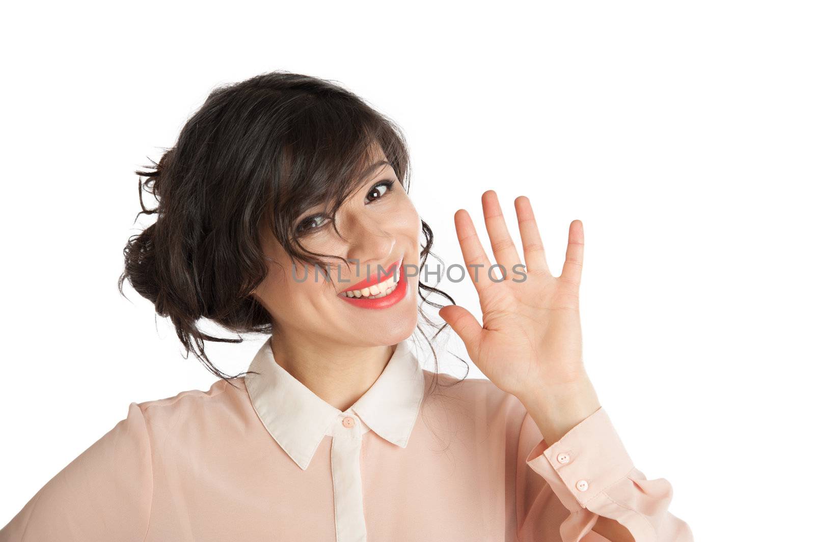 Portrait of a woman in a pink blouse on a white background isolated