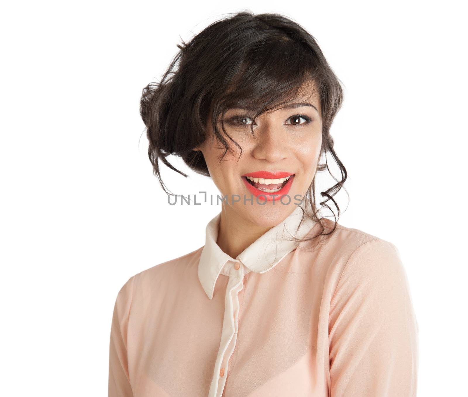 Portrait of a woman in a pink blouse on a white background isolated