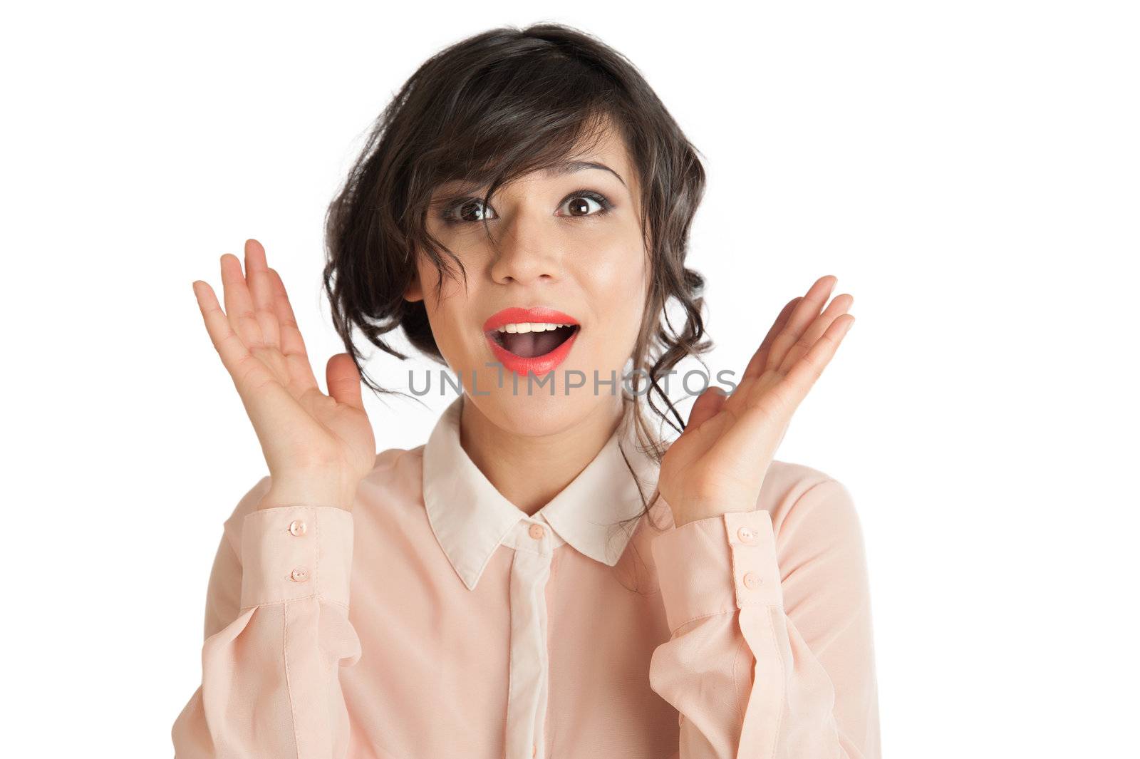 Portrait of a woman in a pink blouse on a white background isolated