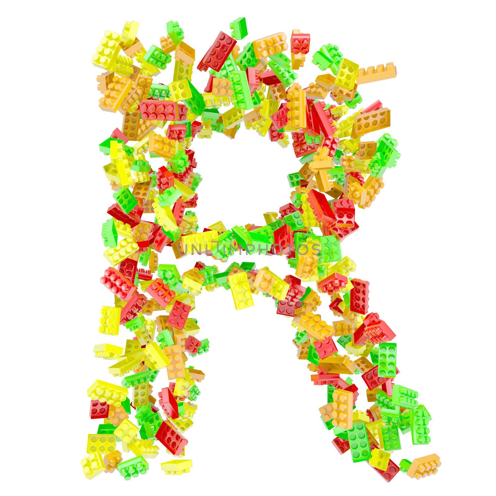 The letter R is made up of children's blocks. Isolated render on a white background
