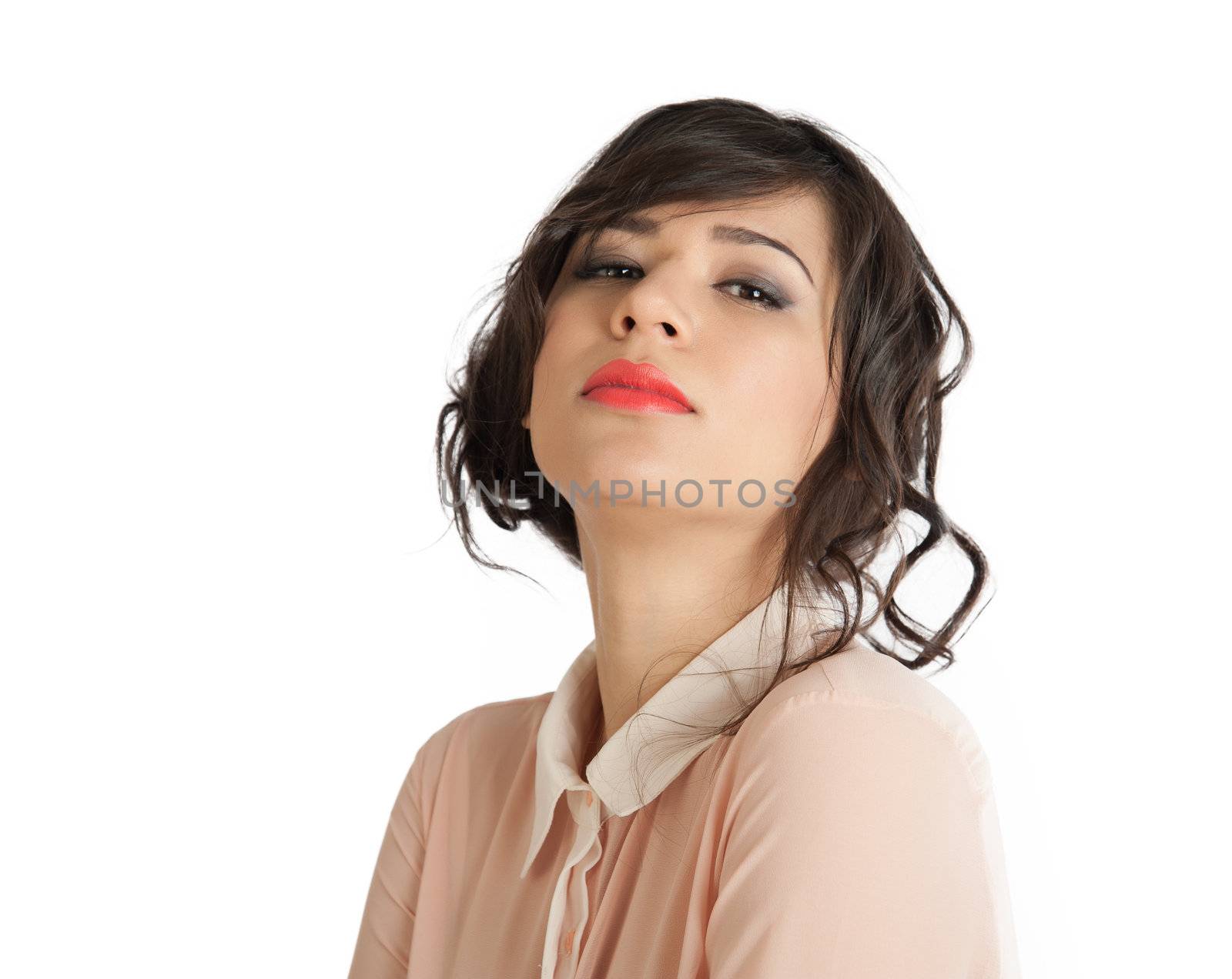 Portrait of a woman in a pink blouse on a white background isolated