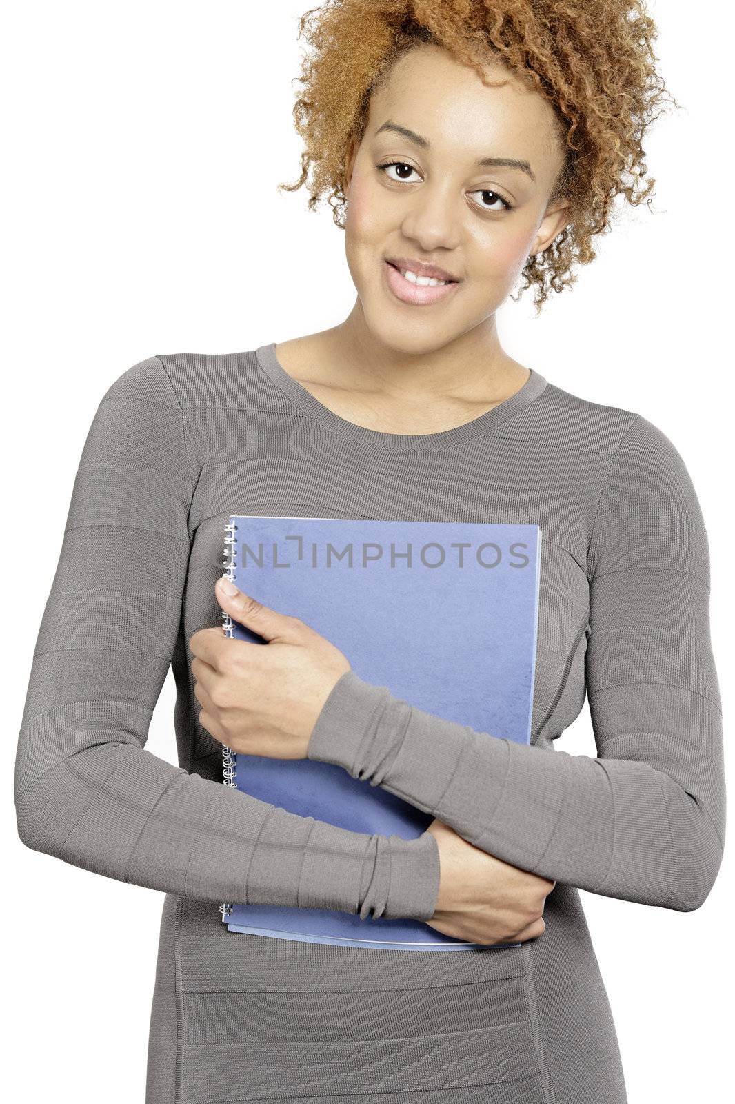 beautiful young business woman holding blue folders