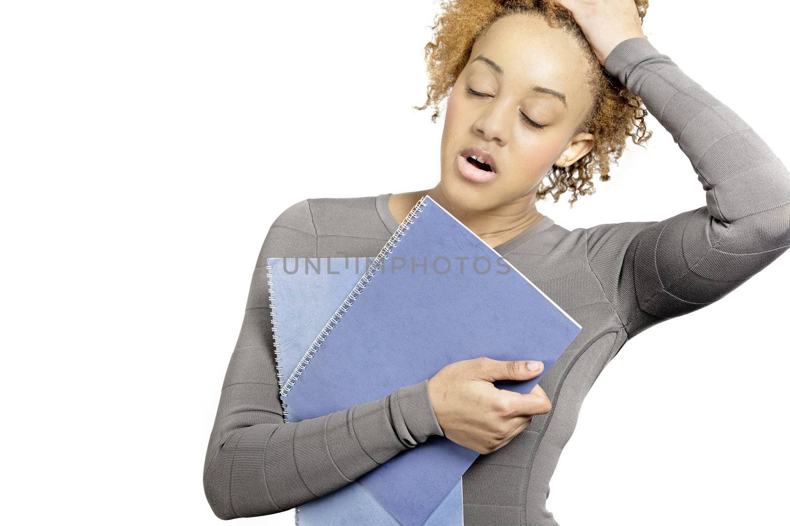 Young business woman holding folders and under stress