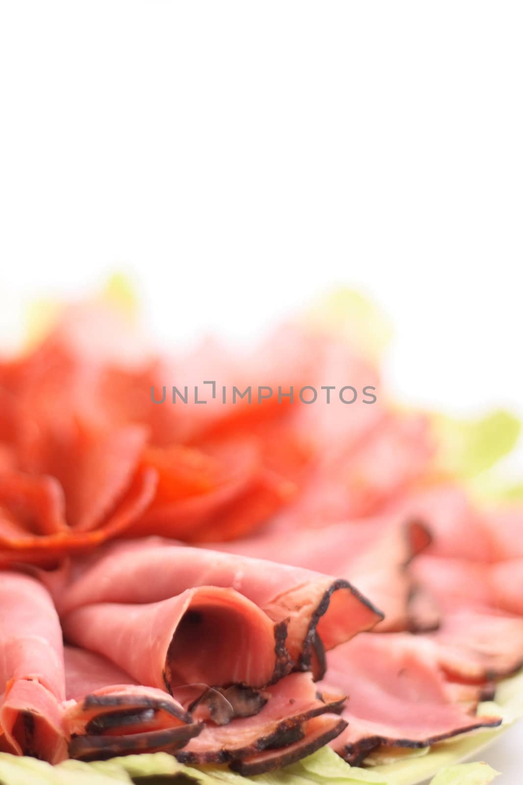 salami and lettuce on the white background