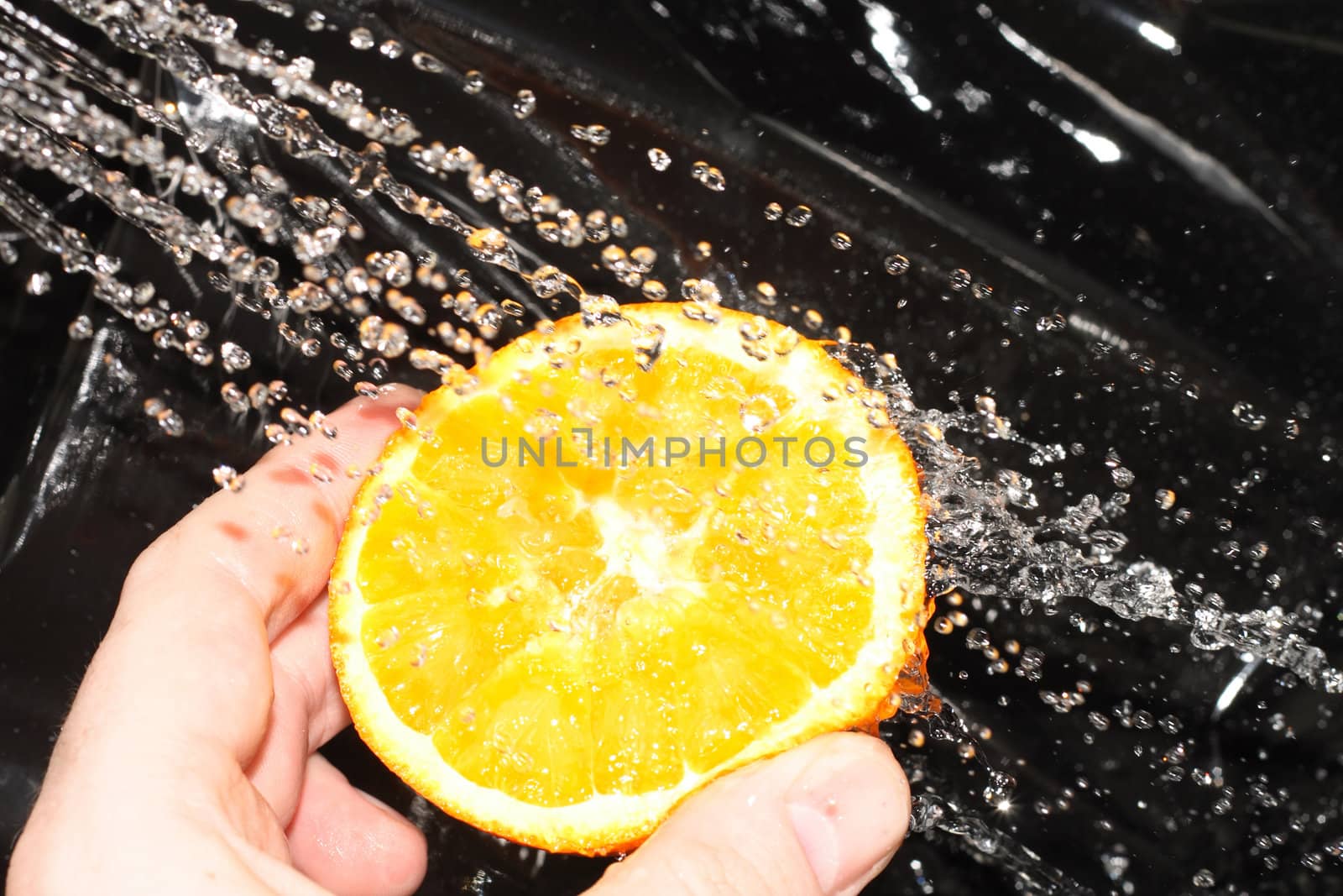 half of orange and the fresh water 