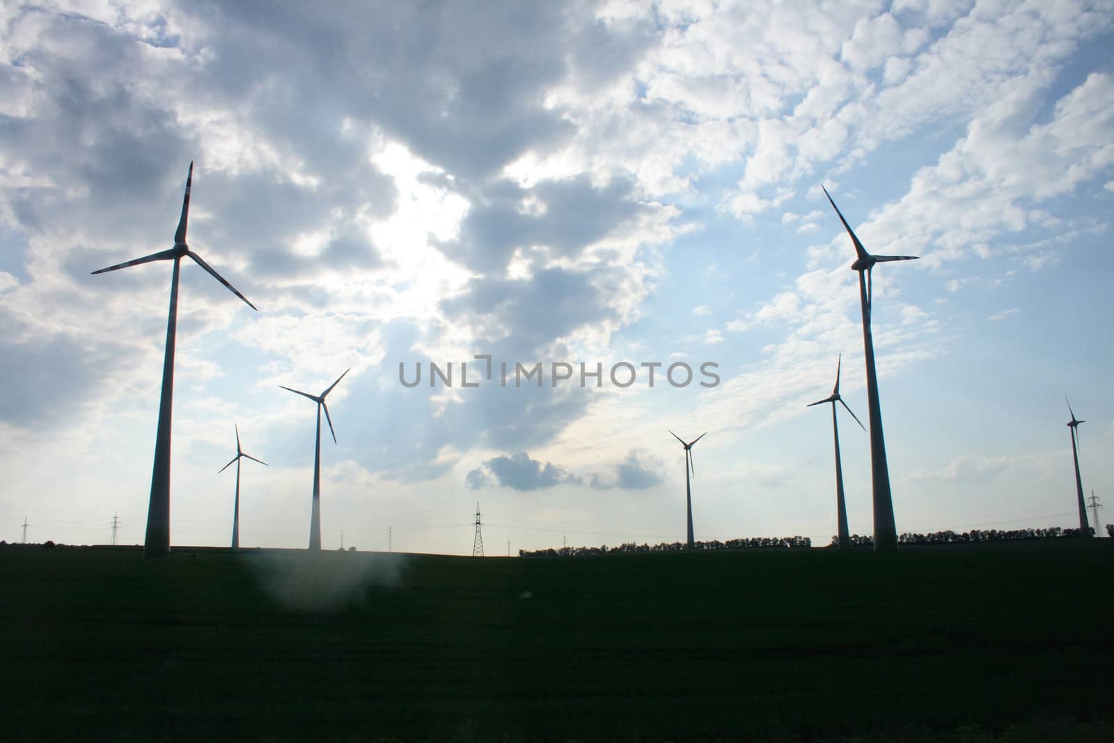 sunset and the windfarm in the europe (austria)