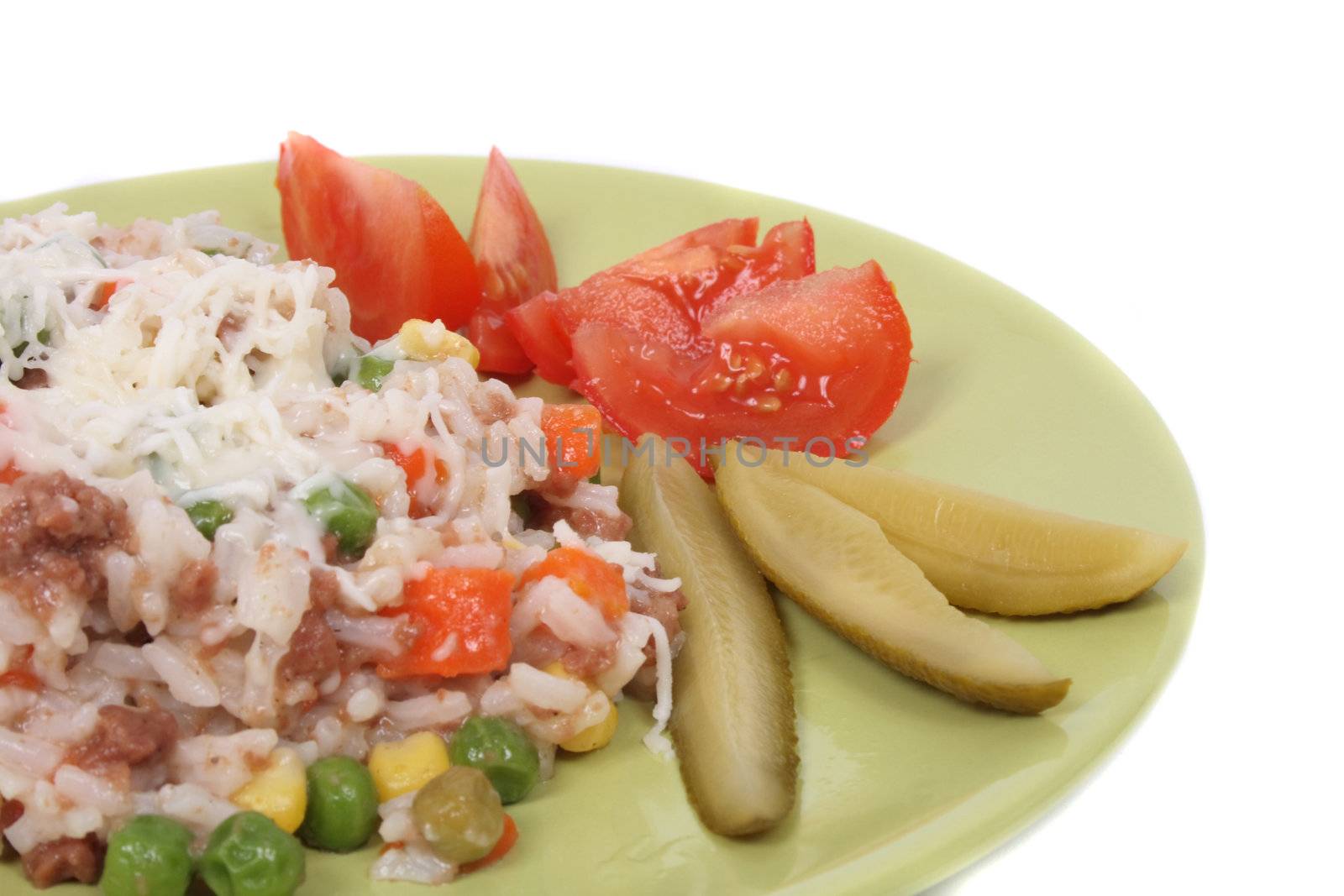 meat, rice and vegetable on the white background