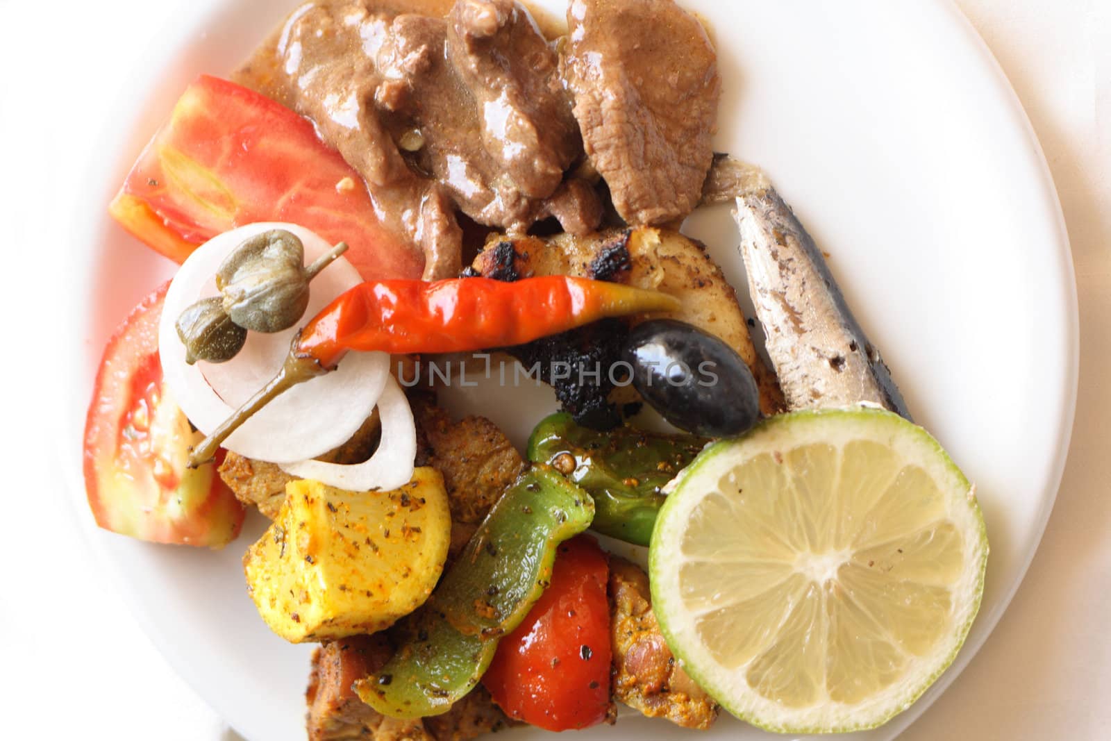 gourmet food with fishes fruits and  vegetable