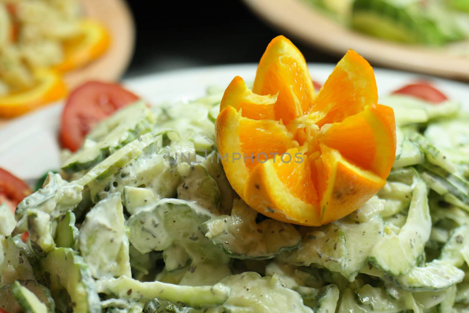 gourmet food with vegetable fruits and susumbers