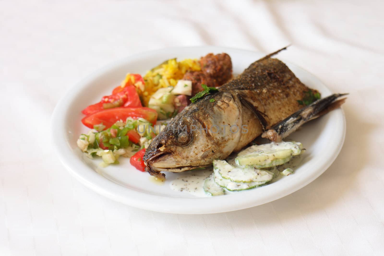 gourmet food with fishes fruits and  vegetable