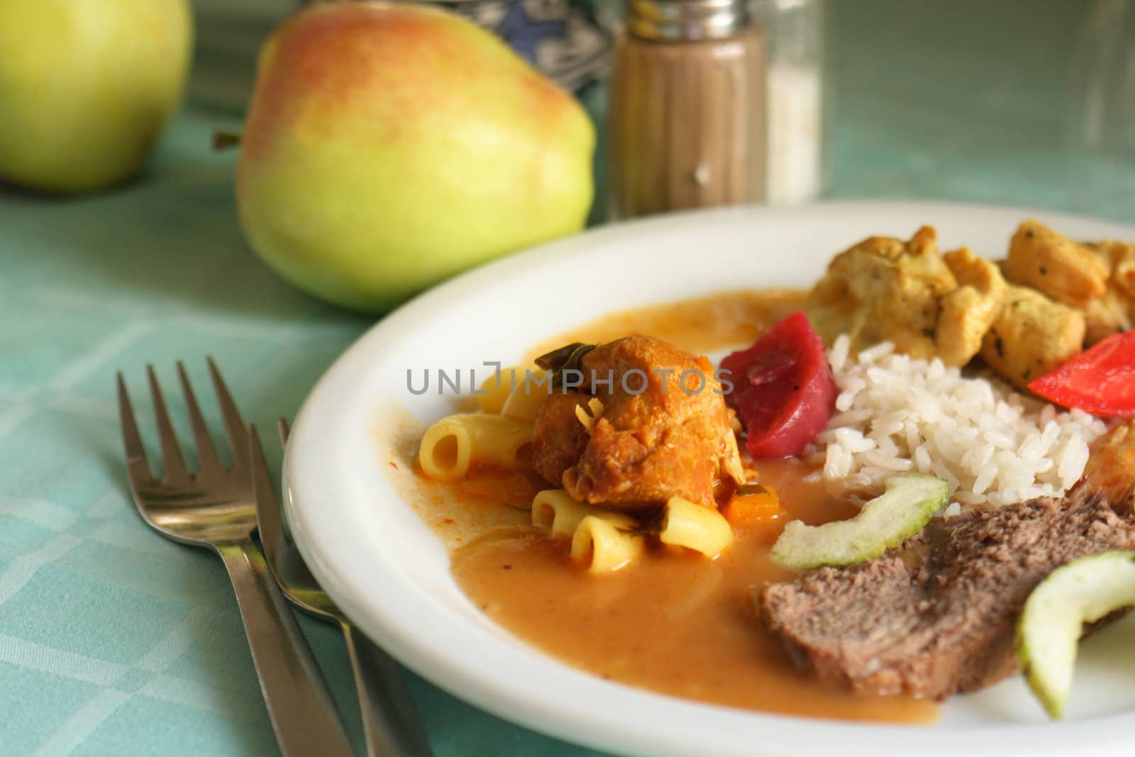 gourmet food with fruits vegetables and meat