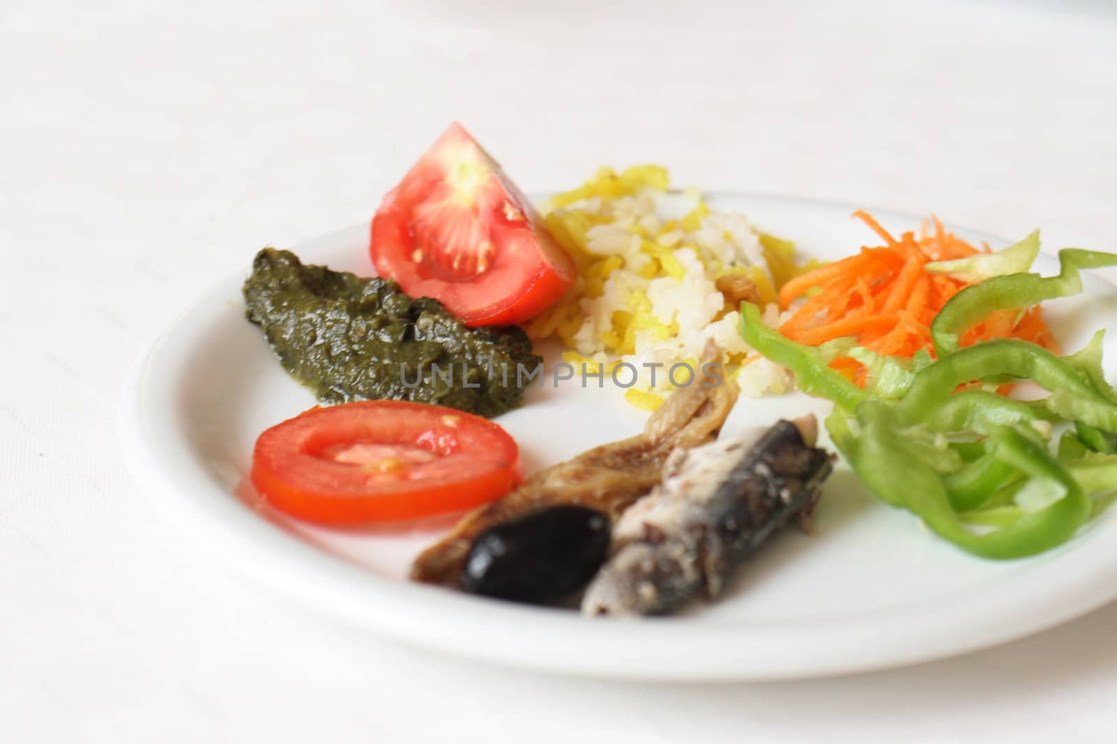 gourmet food with fruits vegetables and fishes