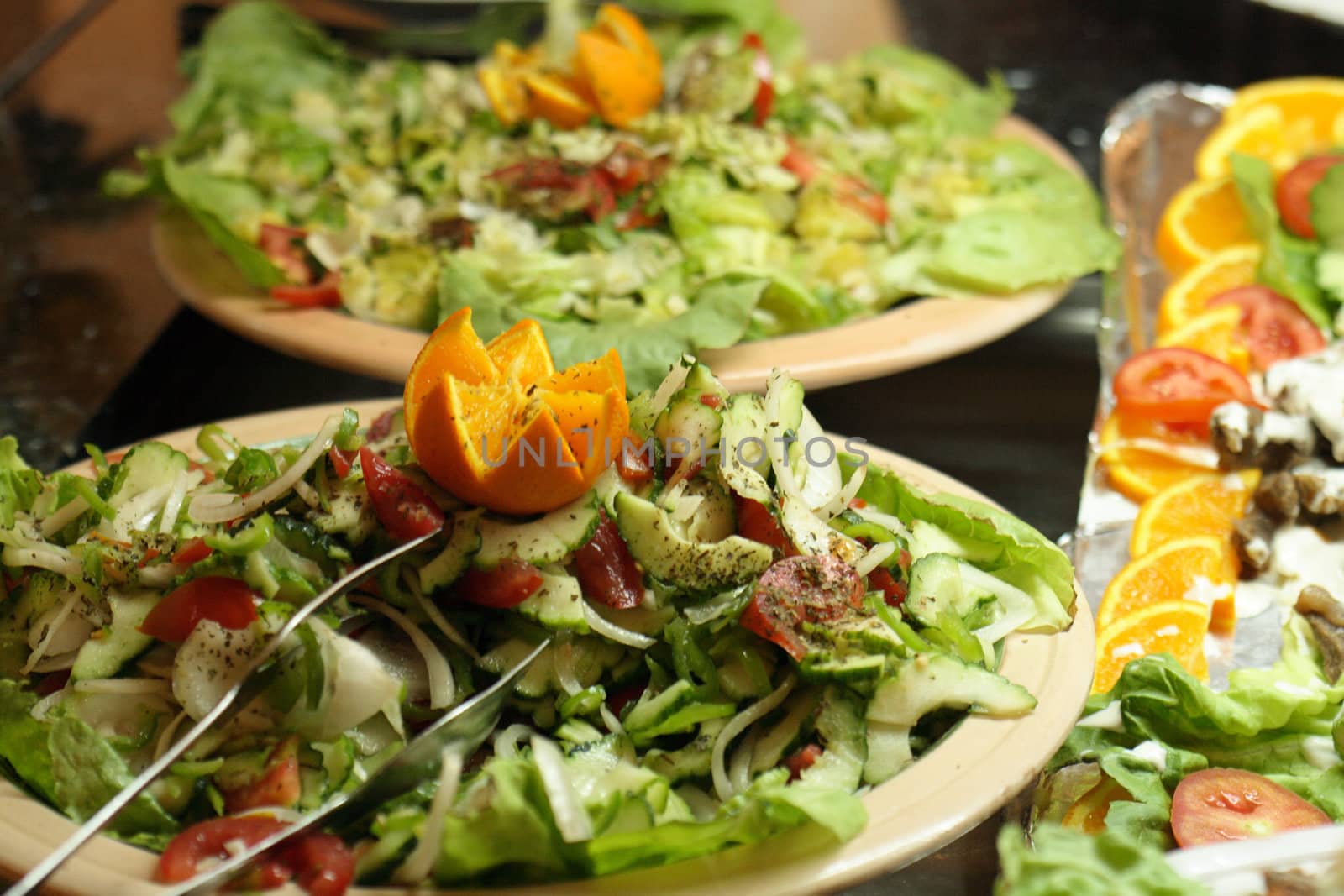 gourmet food with fruits vegetables and meat