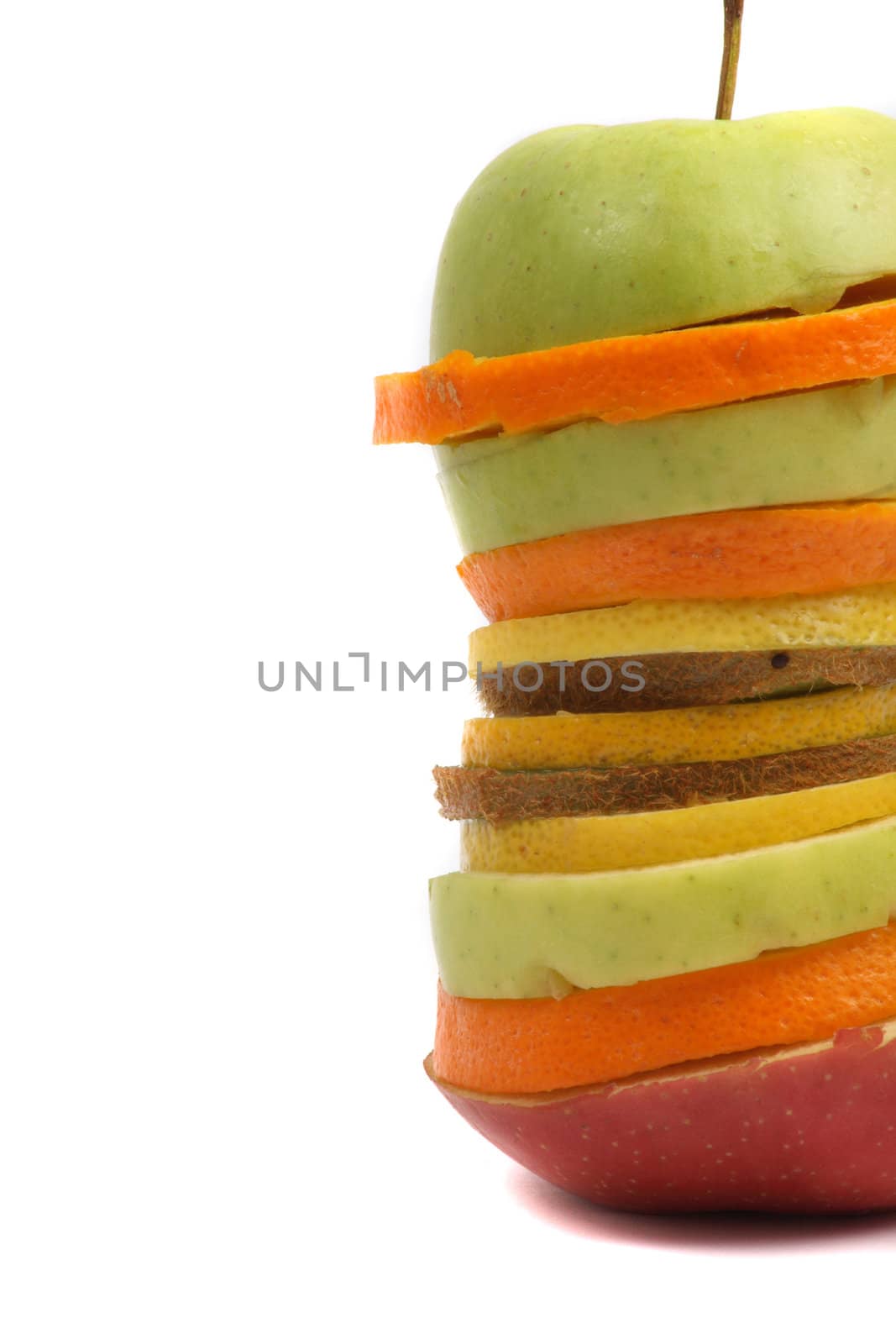 fruits slices from apple, orange, kiwi isolated on the white background
