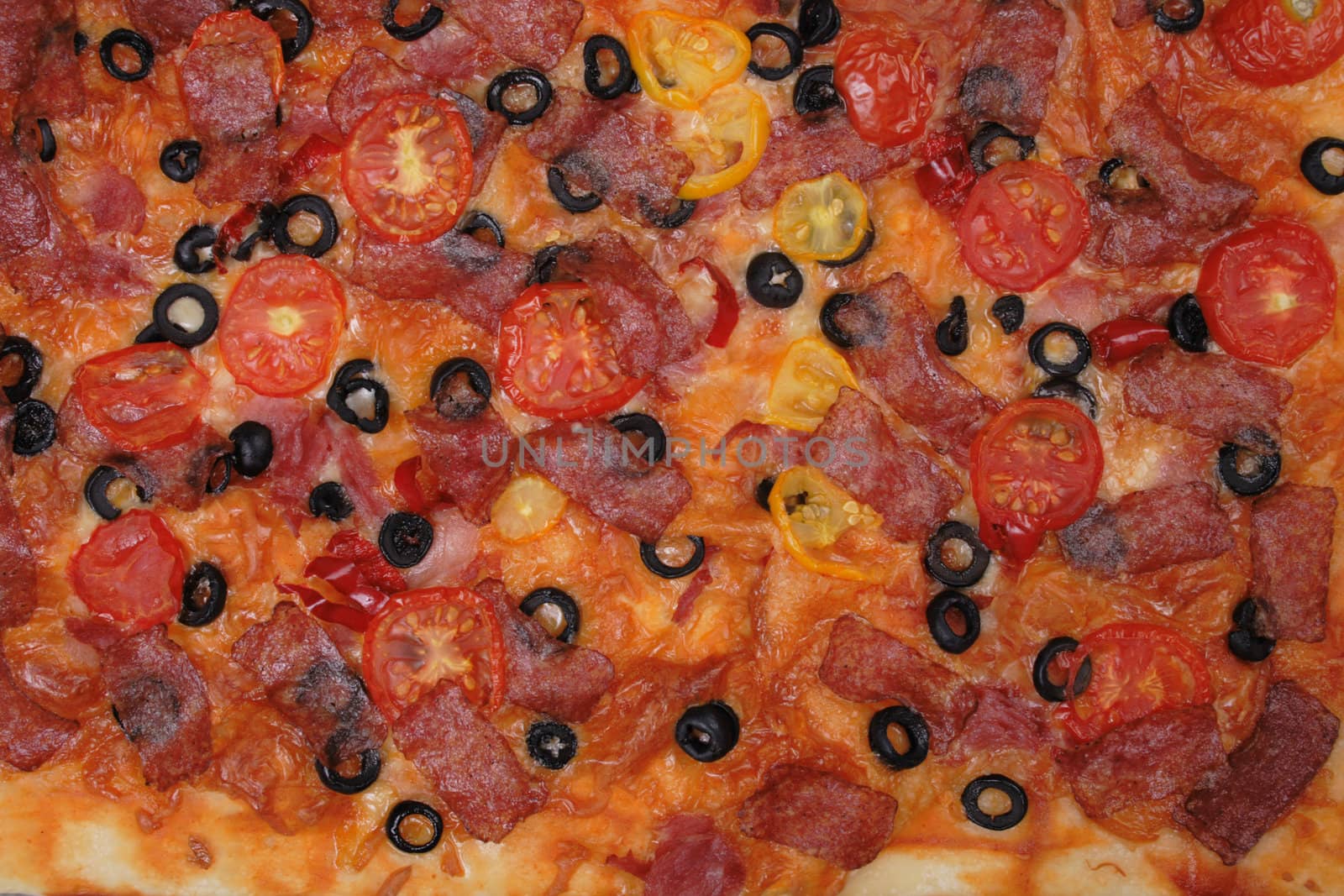 pizza background with tomato, olive, cheese and others
