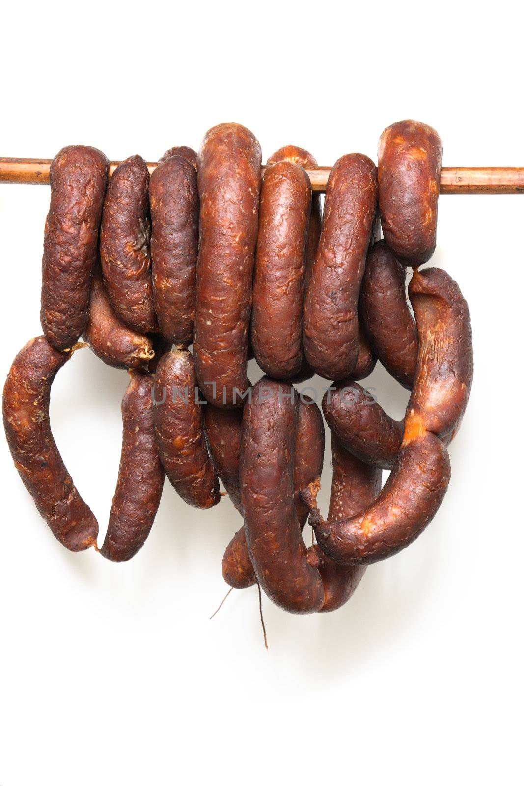typical czech fresh wursts on the white background