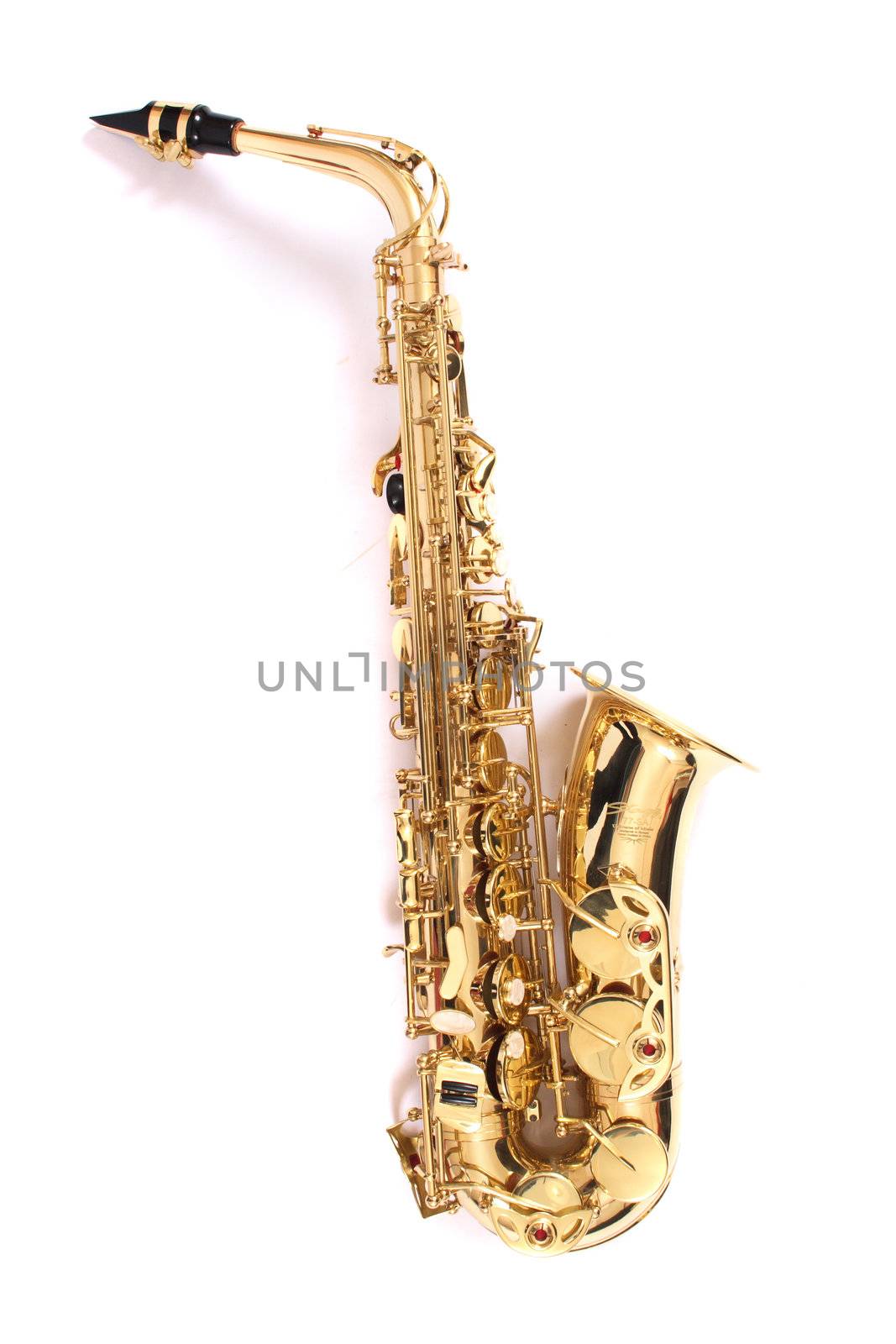 new gold saxophone on the white background