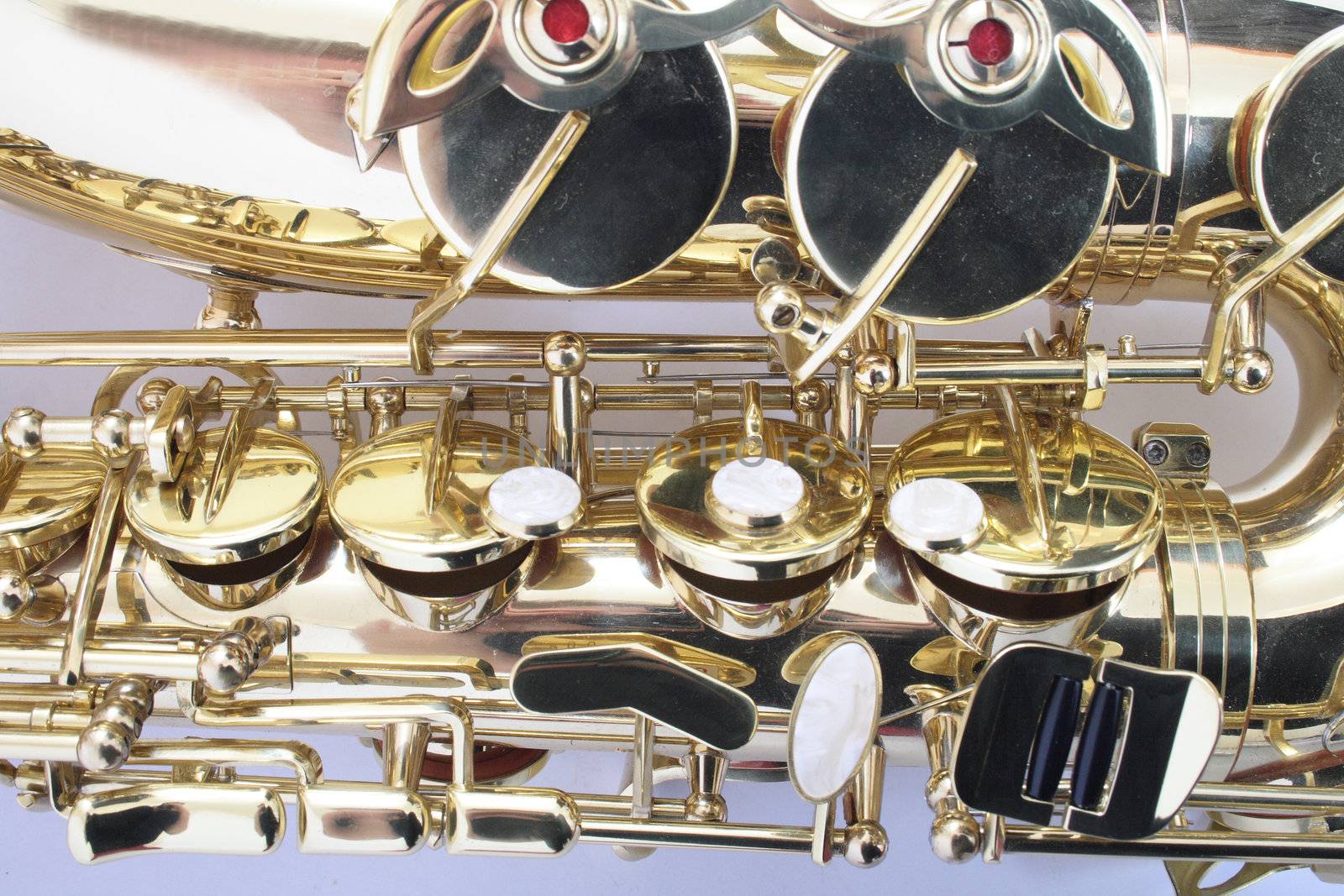 new gold saxophone on the white background