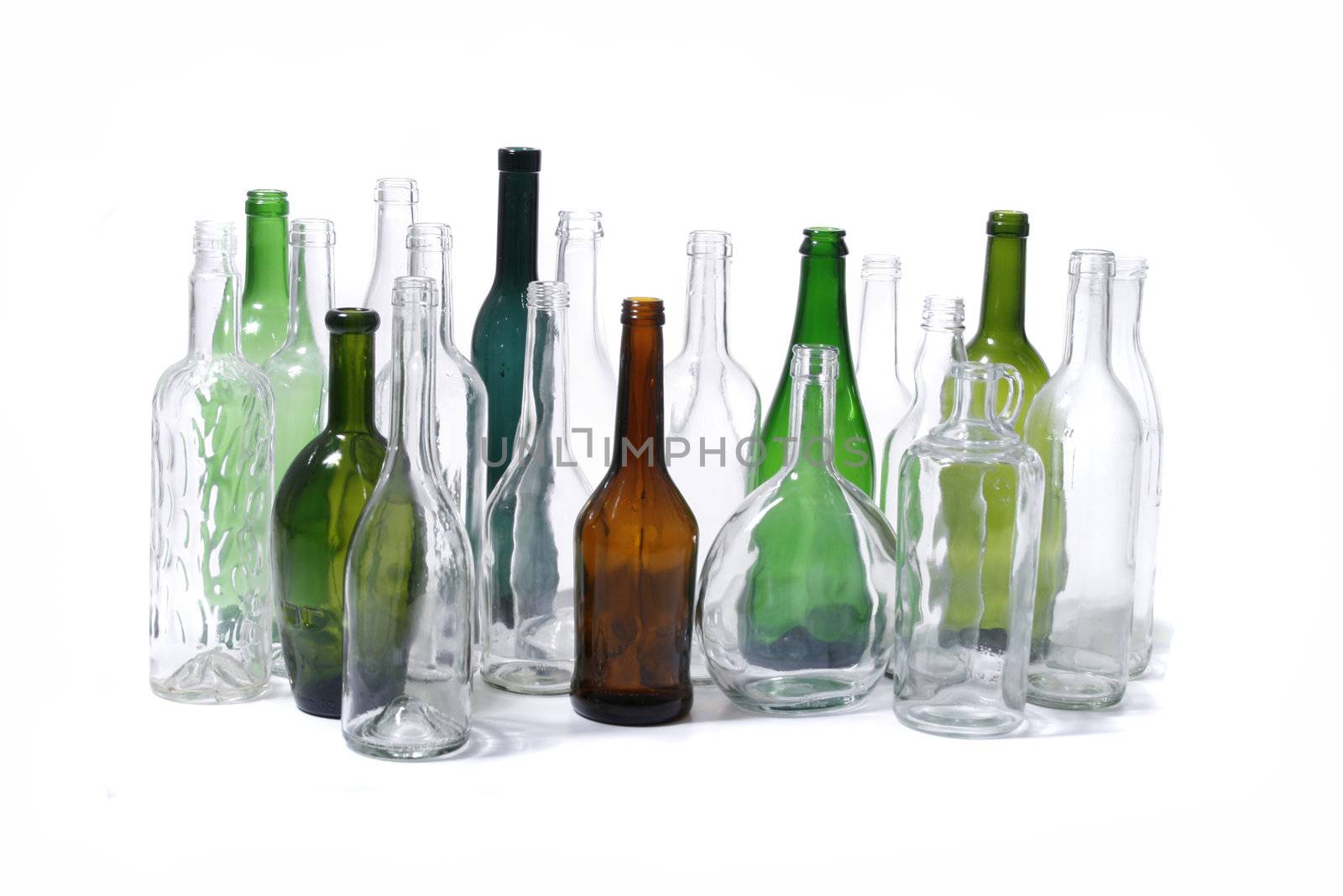 color glass bottles on the white background