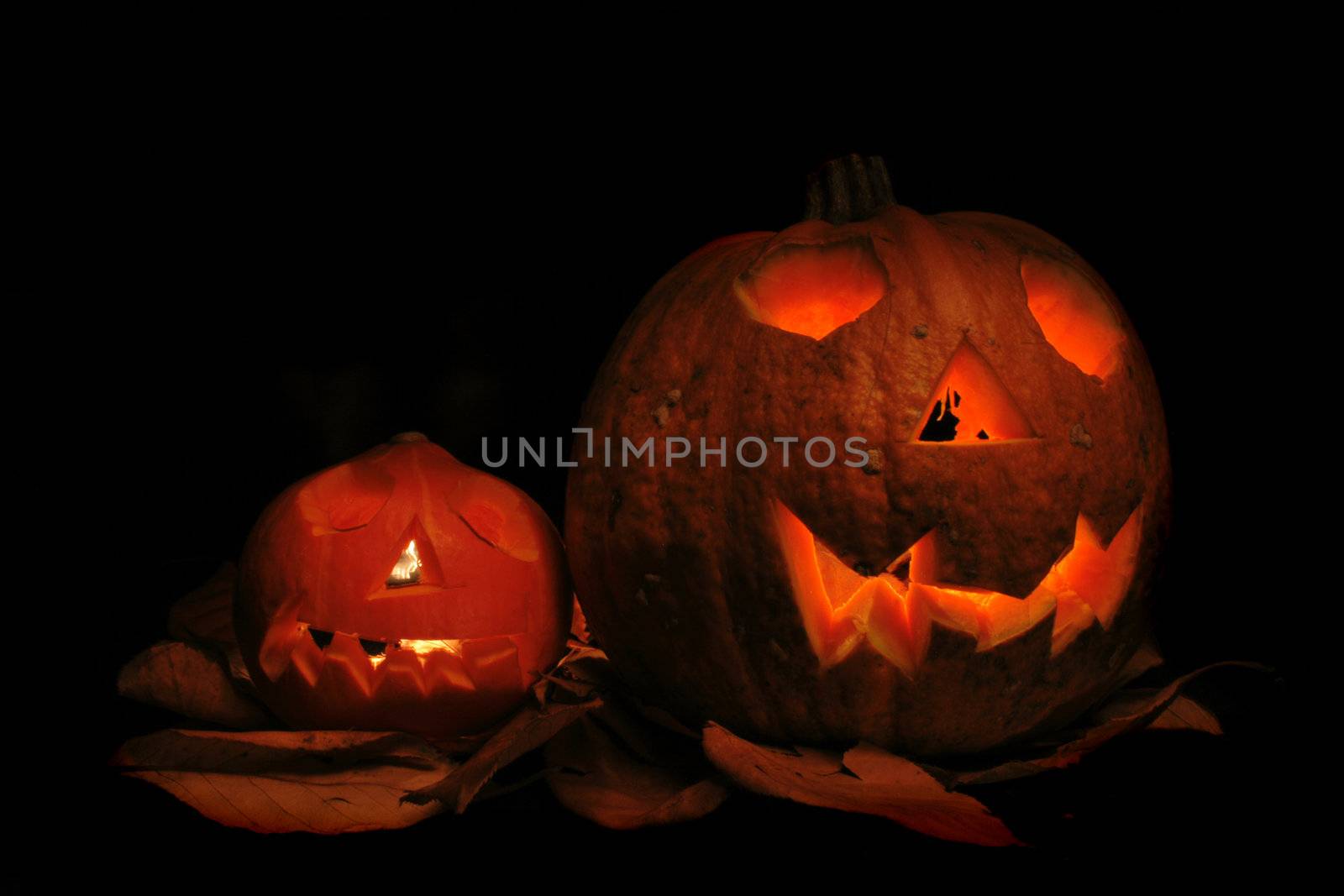 halloween pumpkins with light in the dark night 