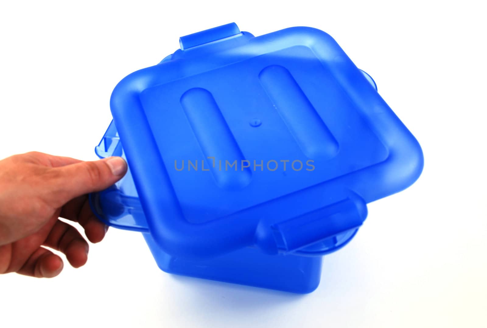 pictures of a blue plastic bin over a white background