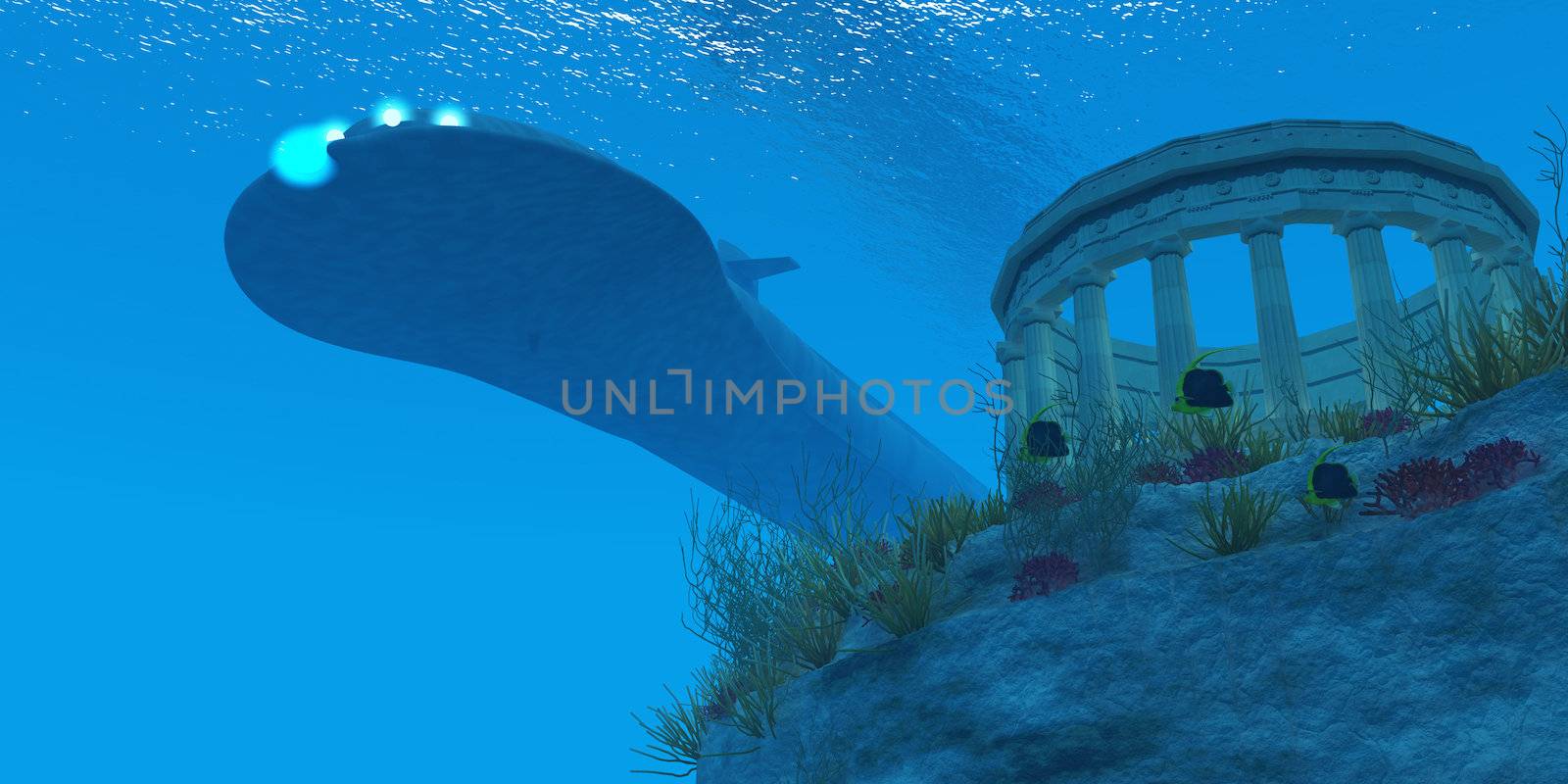 A submarine passes over a Greek temple ruin near a reef with sea life.