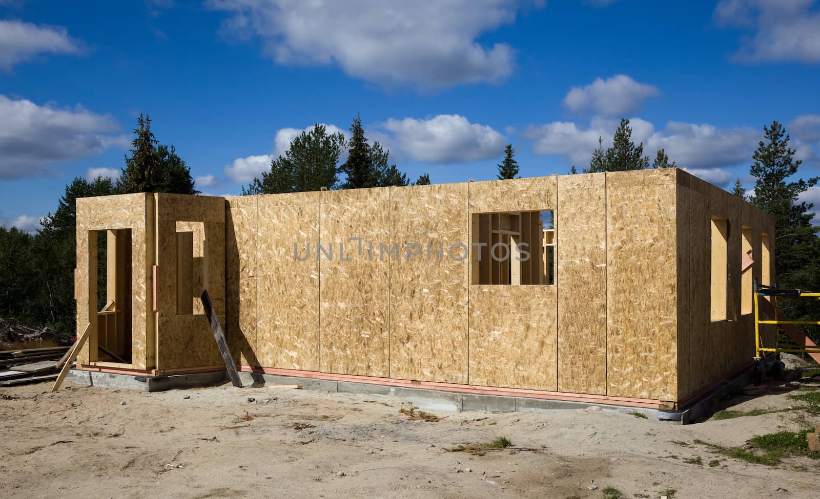 Building a house of wood blocks on the outskirts of the coniferous forest