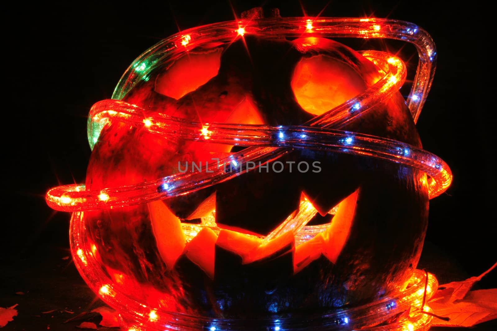halloween pumkin in the dark night with color lights