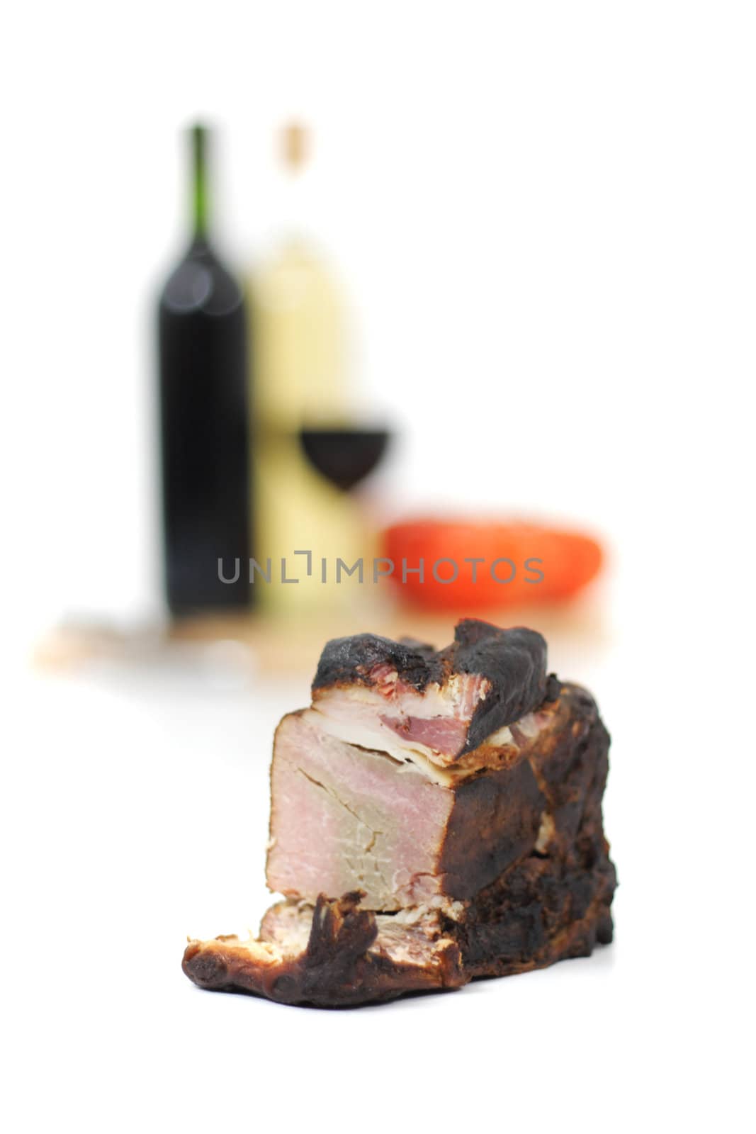 smoked meat and wine isolated on the white background