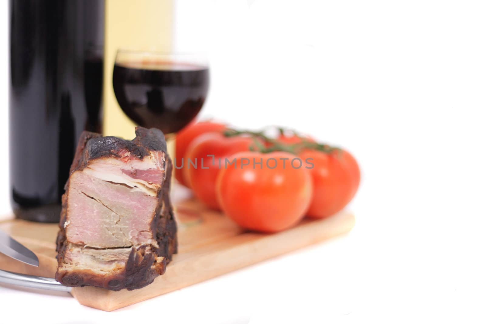 wine and smoked meat isolated on the white background