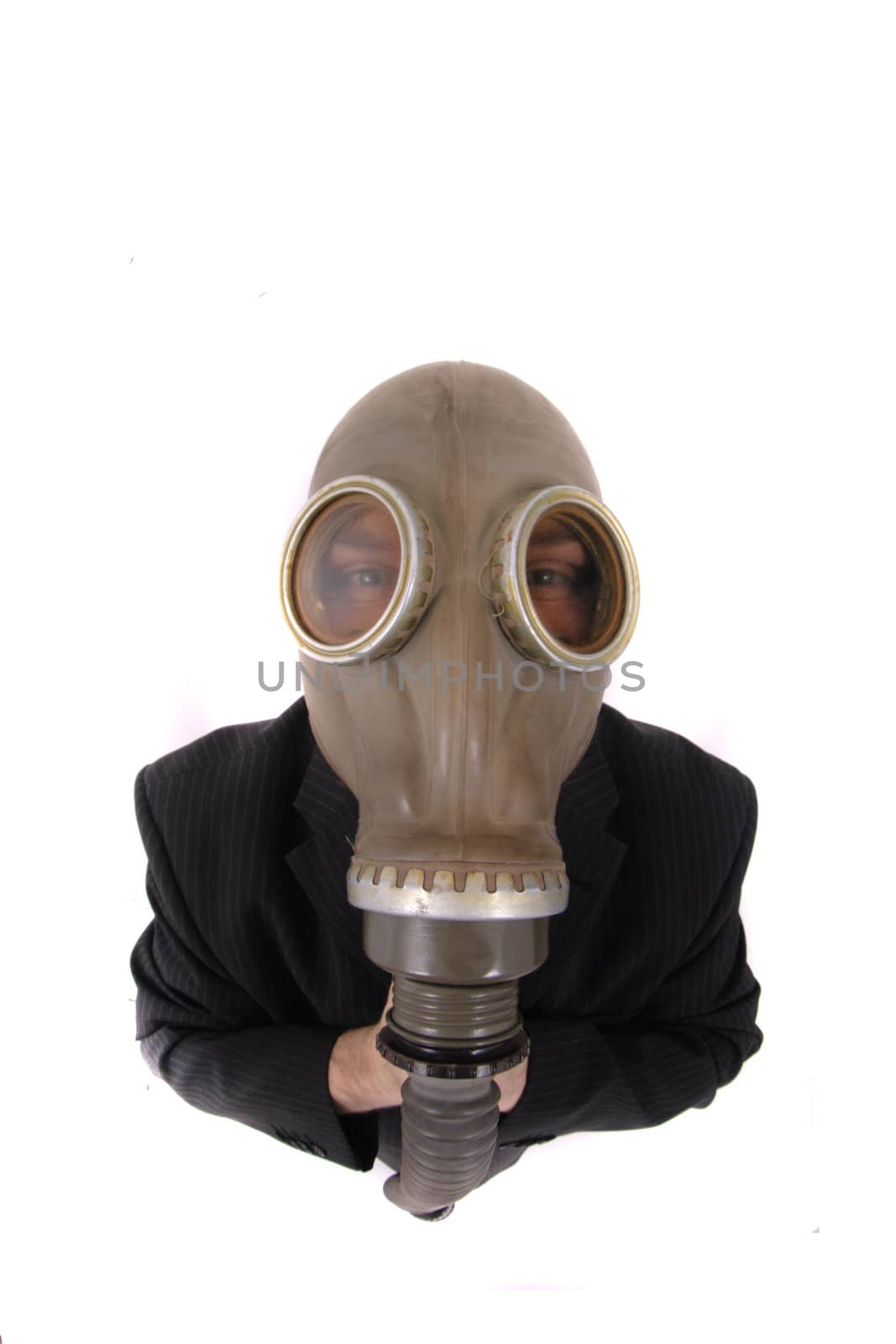 manager in gas mask isolated on the white background