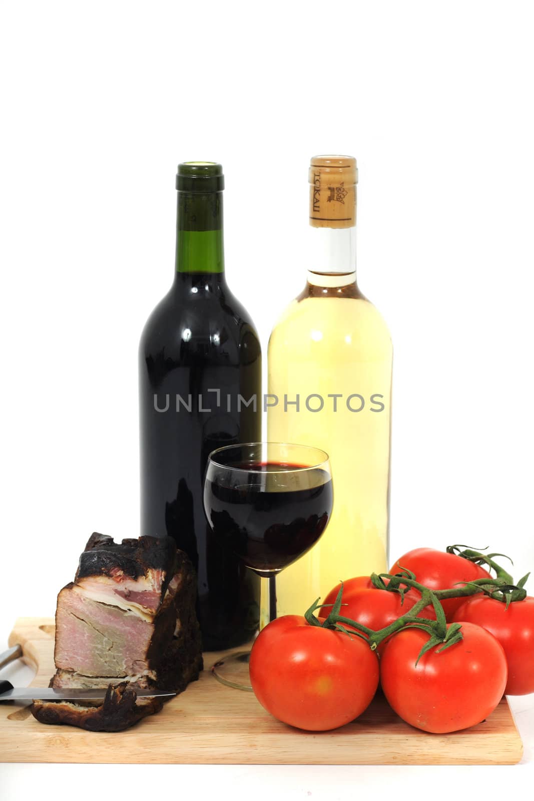 smoked meat and wine isolated on the white background