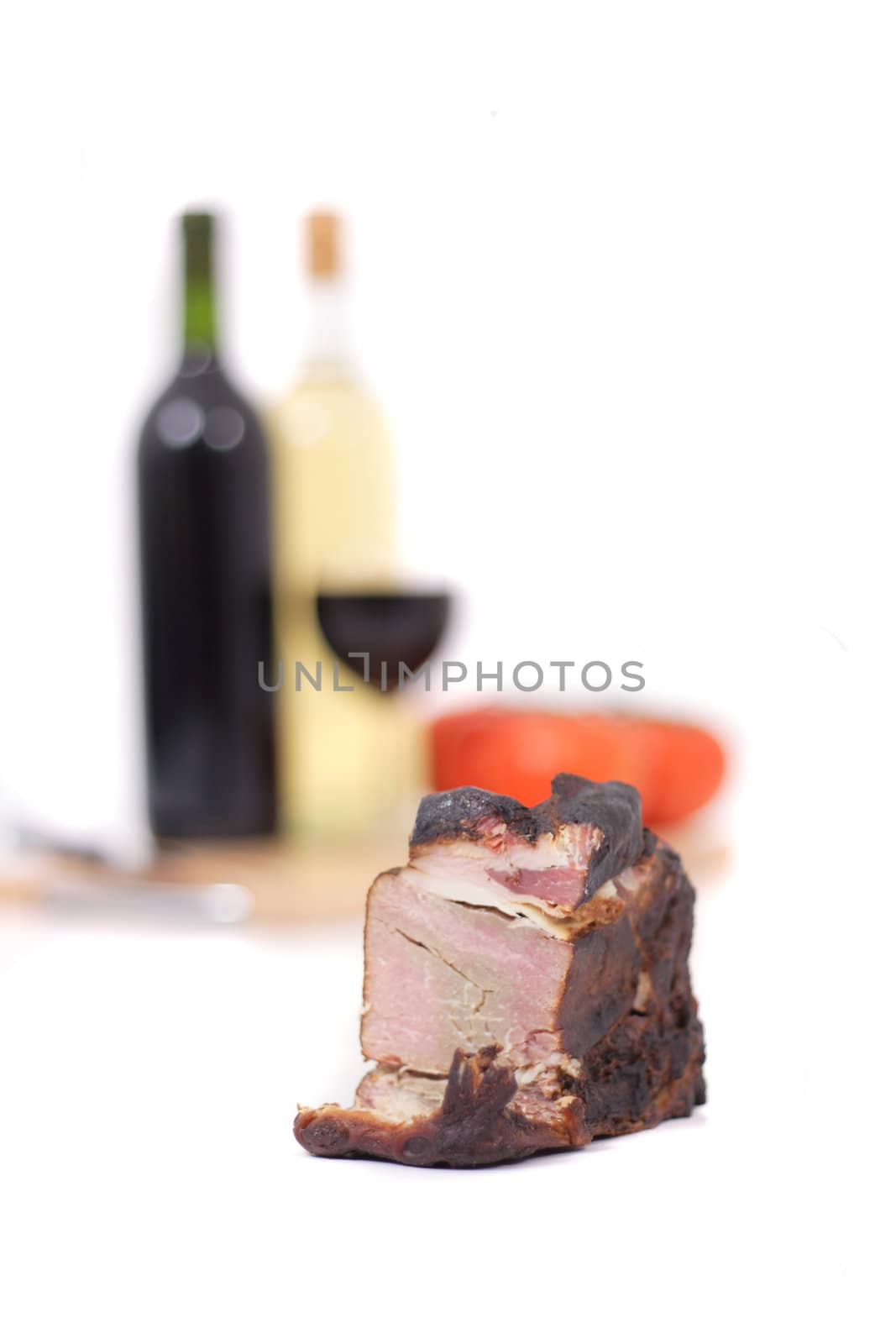 wine and smoked meat isolated on the white background