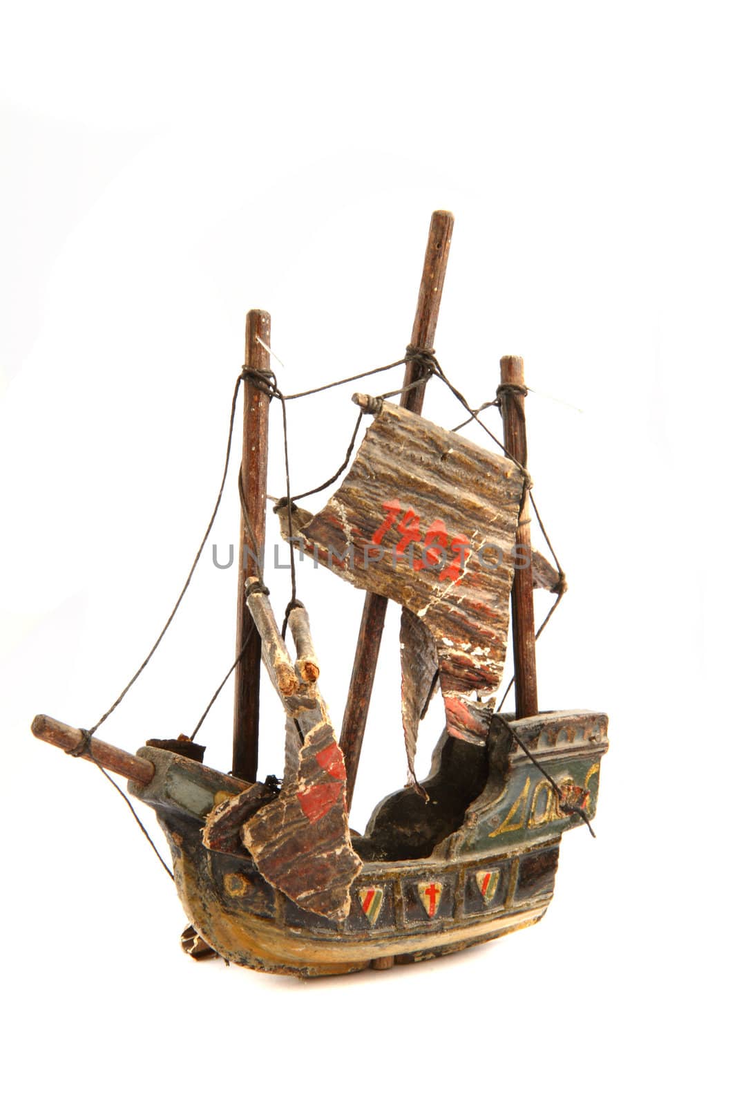 old ship model from 1492 isolated on the white background