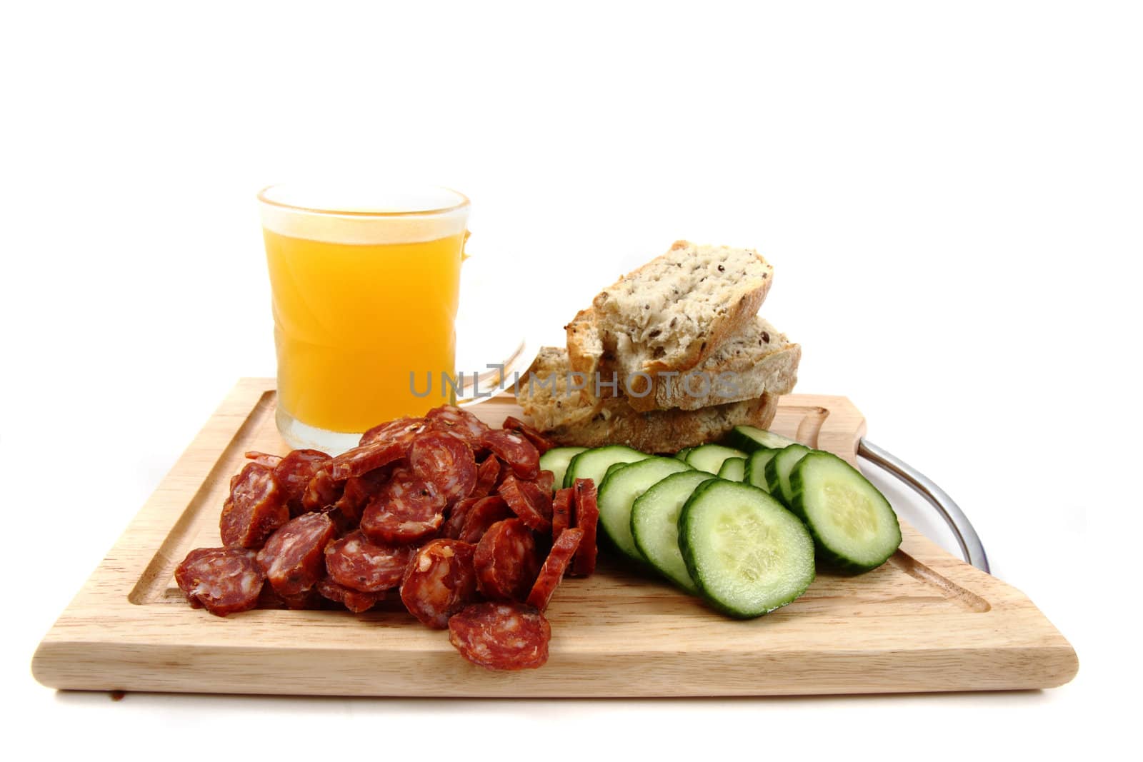 bread, vegetable and sausage isolated on the white background