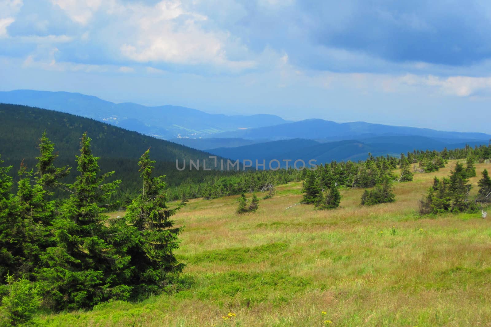 Jeseniky mountains with nice blue sky and clouds