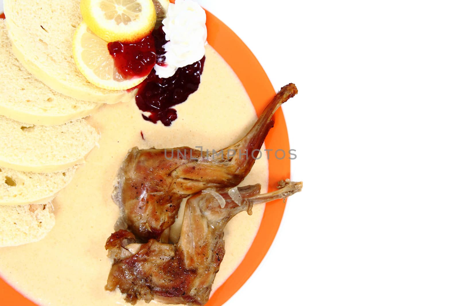 rabbit legs and carrot sauce isolated on the white background