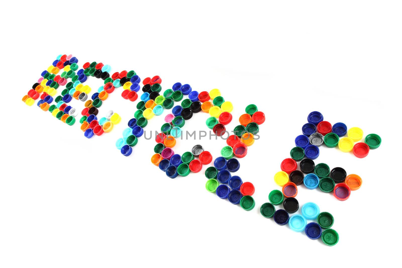 word recycle from color plastic caps isolated on the white background