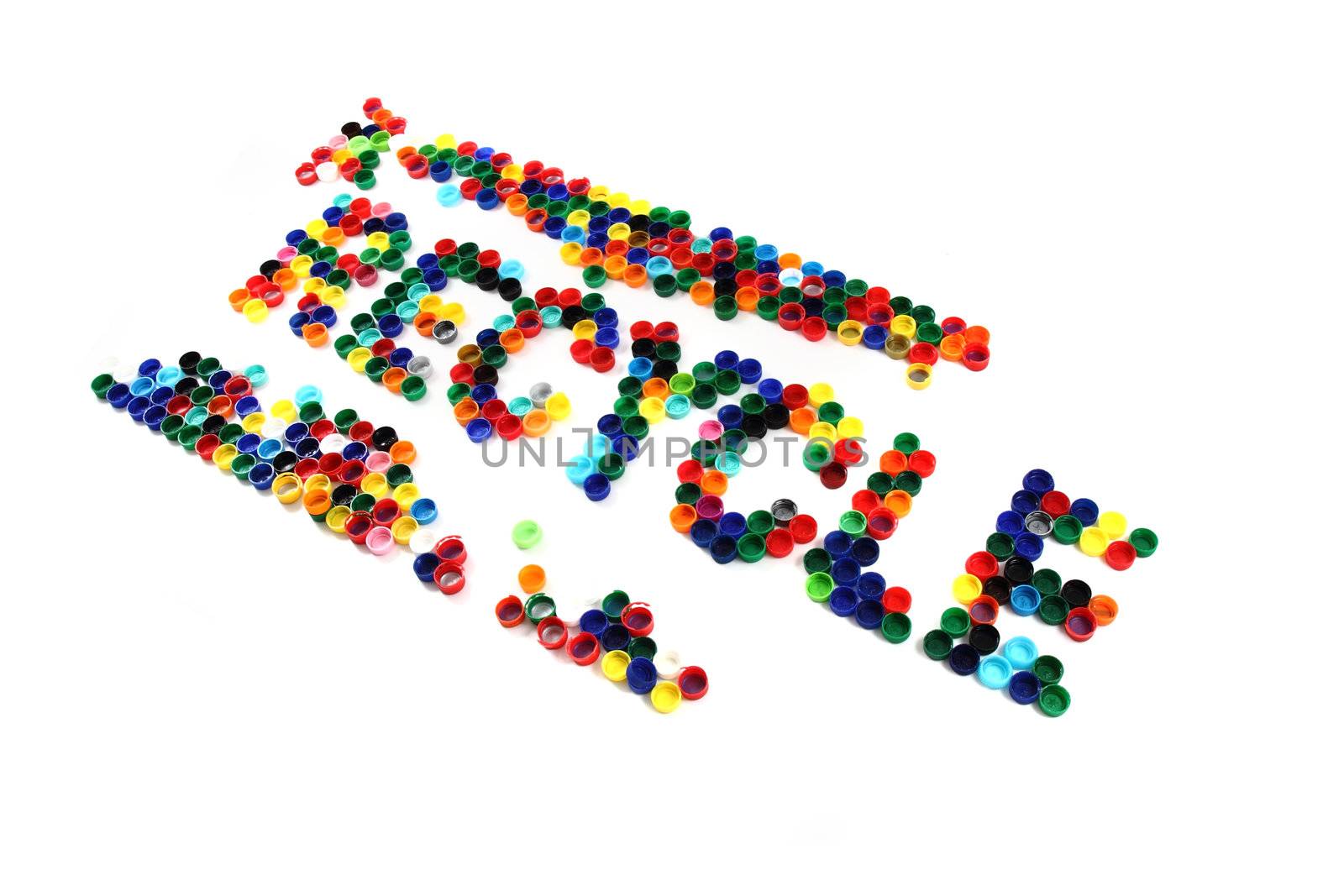 word recycle from color plastic caps isolated on the white background