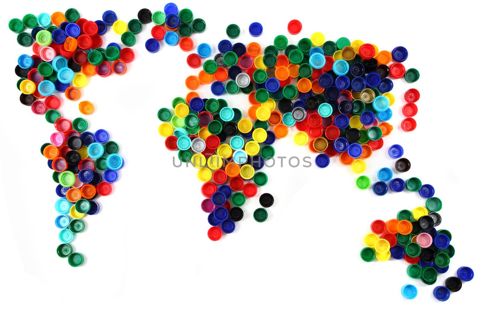 world map from plastic caps isolated on the white background