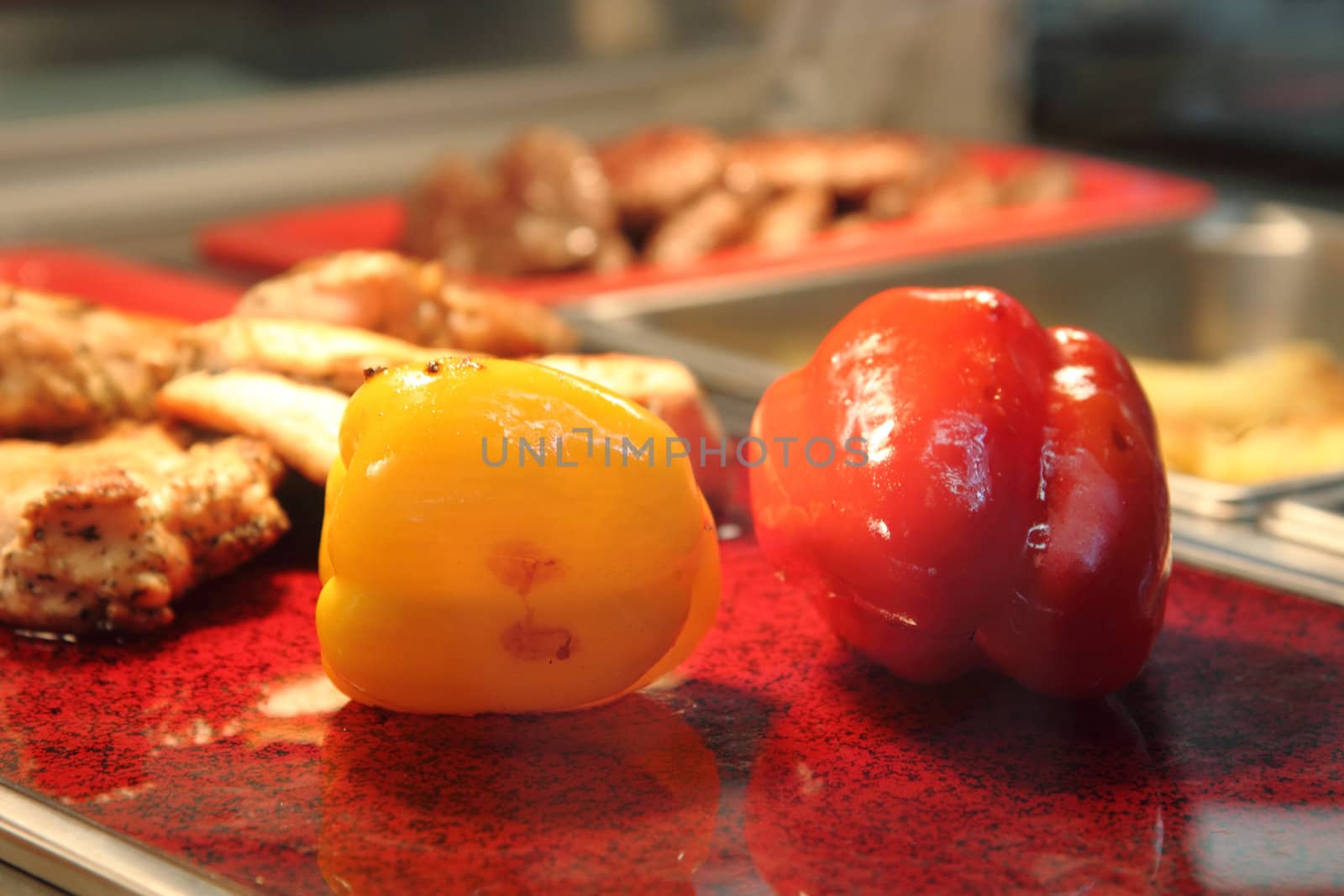 grilled red and yellow pepper bells as nice food background