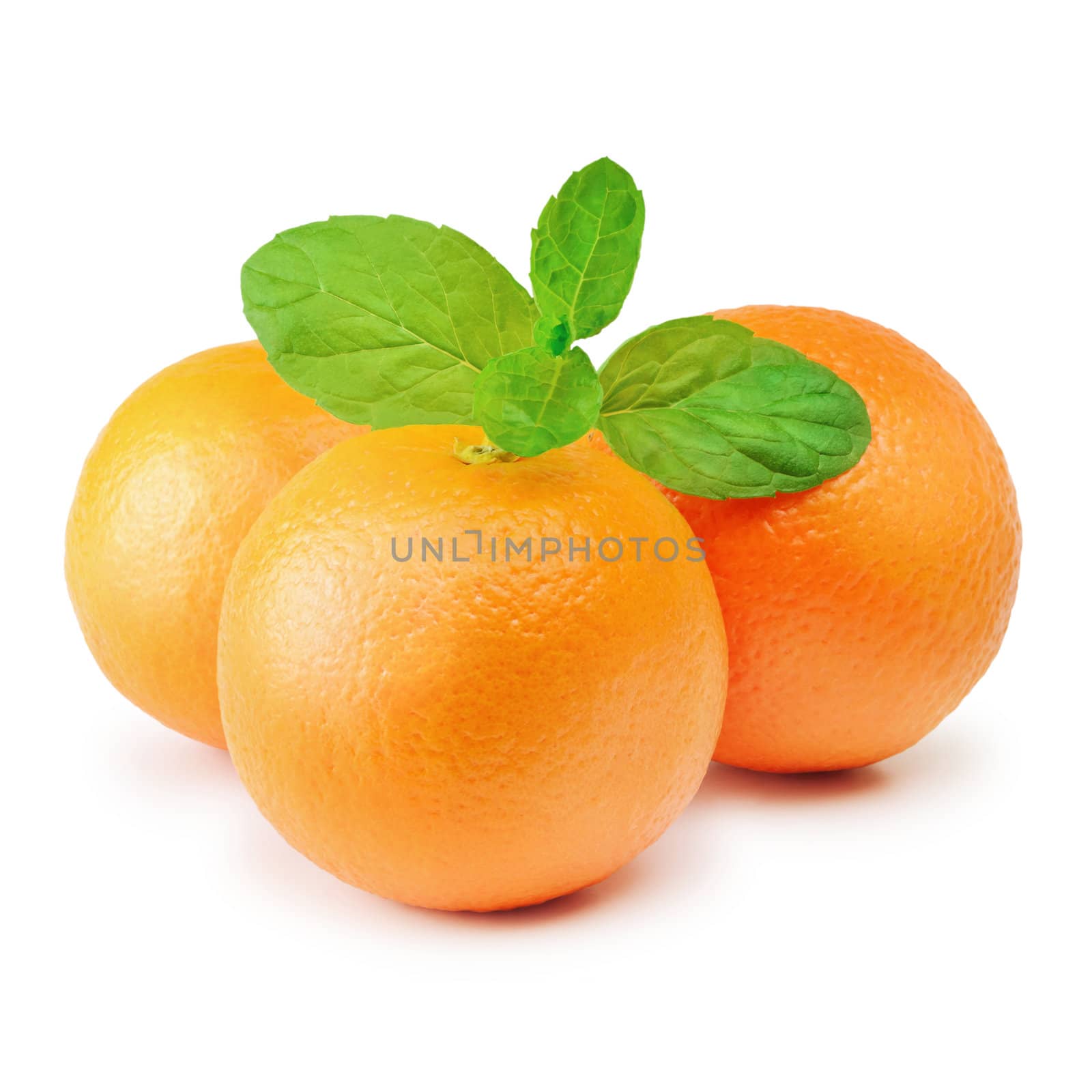 Three Ripe Mandarins With Mint Over The White 